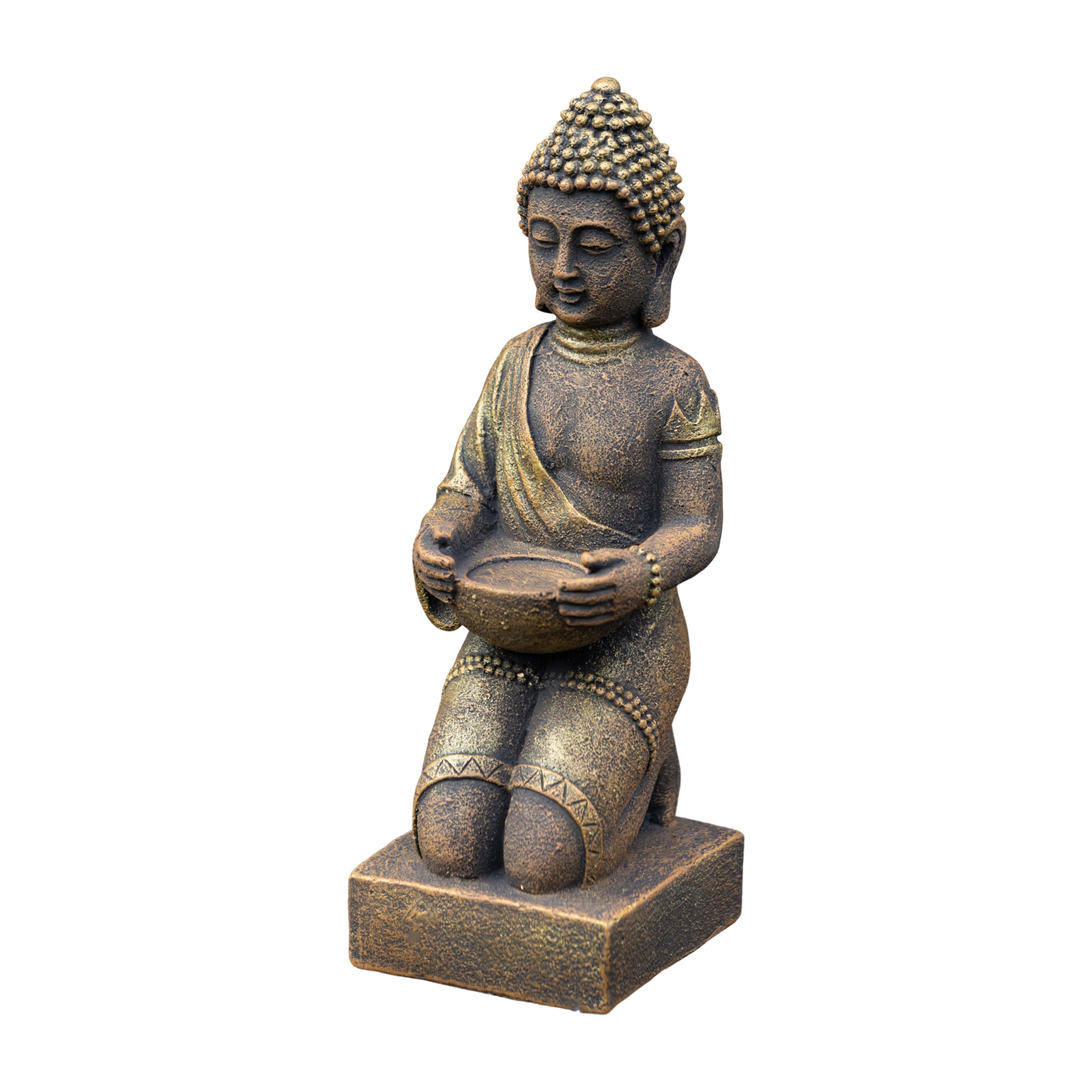 gartendekoparadies.de Buddha statue on a pedestal, stone figure, height 43 cm, 9 kg, made of cast stone, frost-proof for outdoor use (gold)