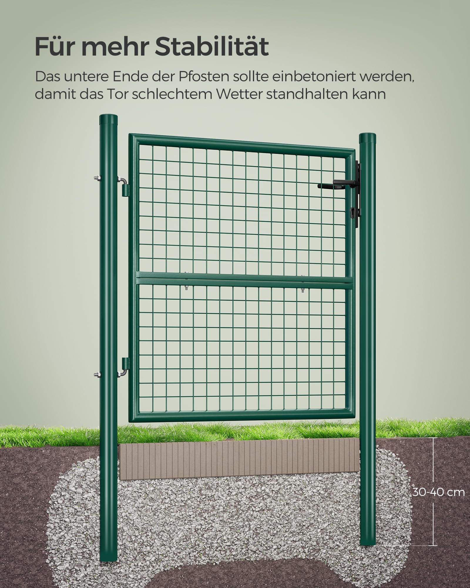 SONGMICS Gartentor, Gartentür, verzinkter Stahl, robust und langlebig, abschließbar, rundes Rohr, Tür 87 x 100 cm, 106 x 100 cm (B x H), grün GGD150G01