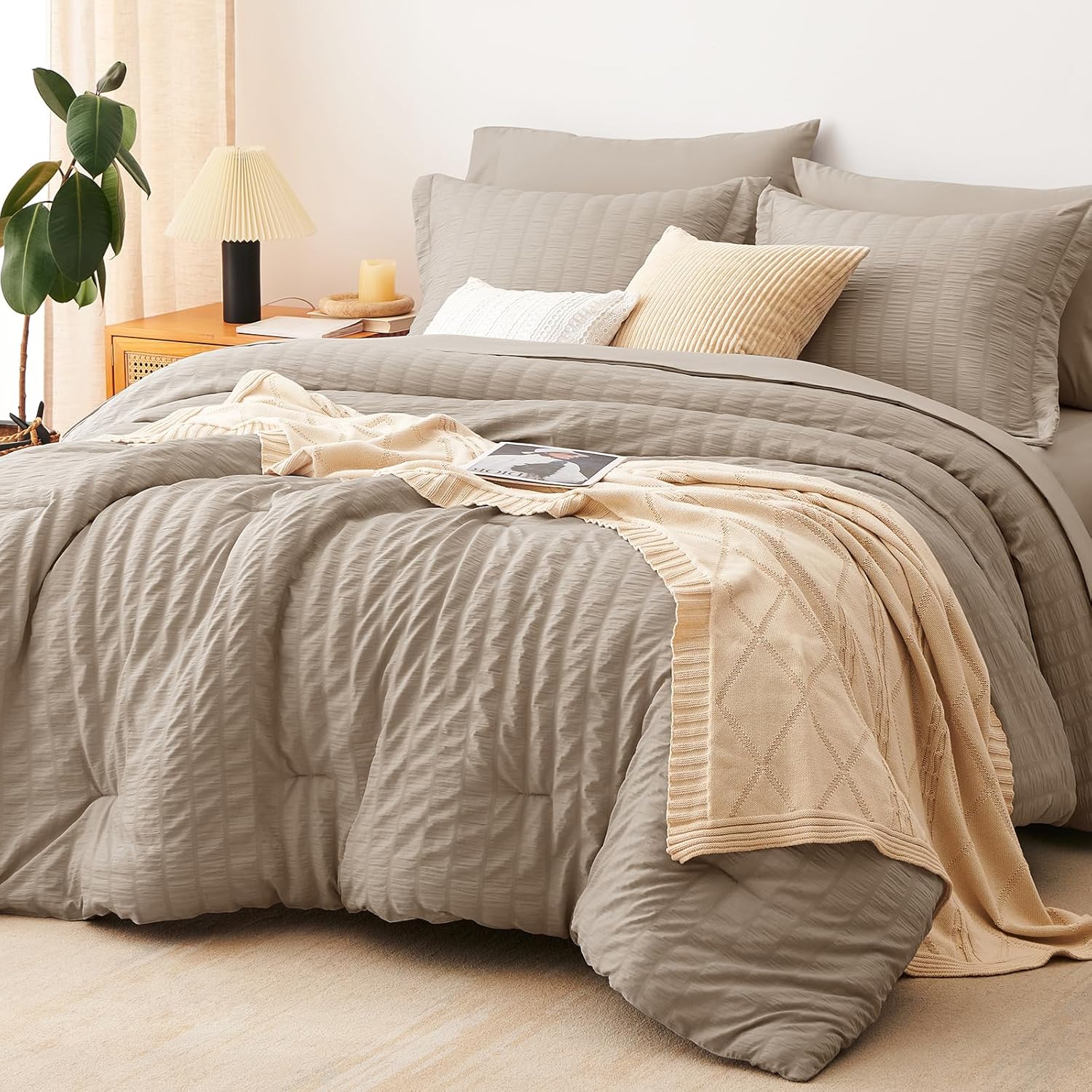CozyLux Queen Comforter Set Khaki Seersucker 7 Pieces Bed in a Bag Queen Comforter Set with Sheets, Luxury Soft Bedding Set with Down Alternative Comforter, Sheets, Pillowcases & Shams for All Seasons Khaki Queen