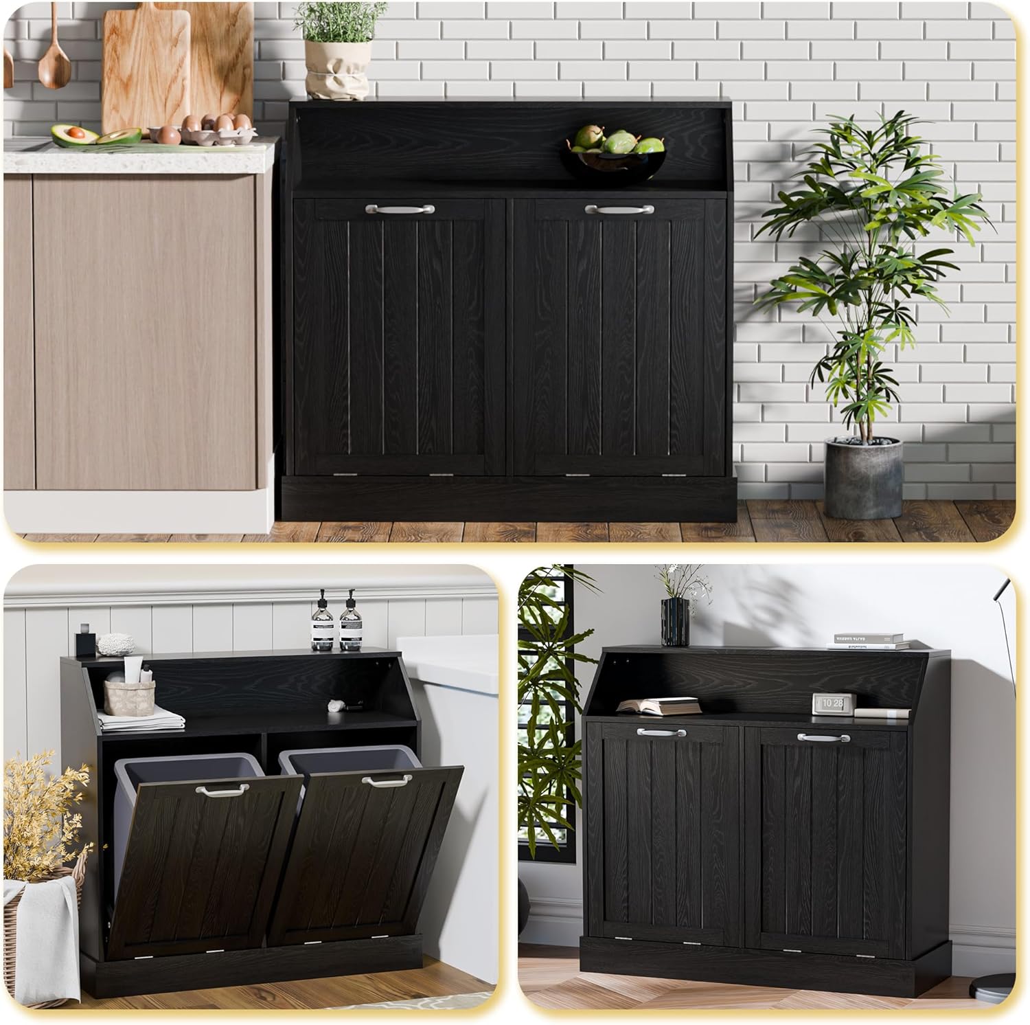 Zamildon's Tilt Out Trash Cabinet for 2x10 Gallon Garbage Can, 20 Gallon Kitchen Garbage Can Cabinet with Drawer-Free Top, Dual Hidden Storage, Laundry Hamper Basket (Black)
