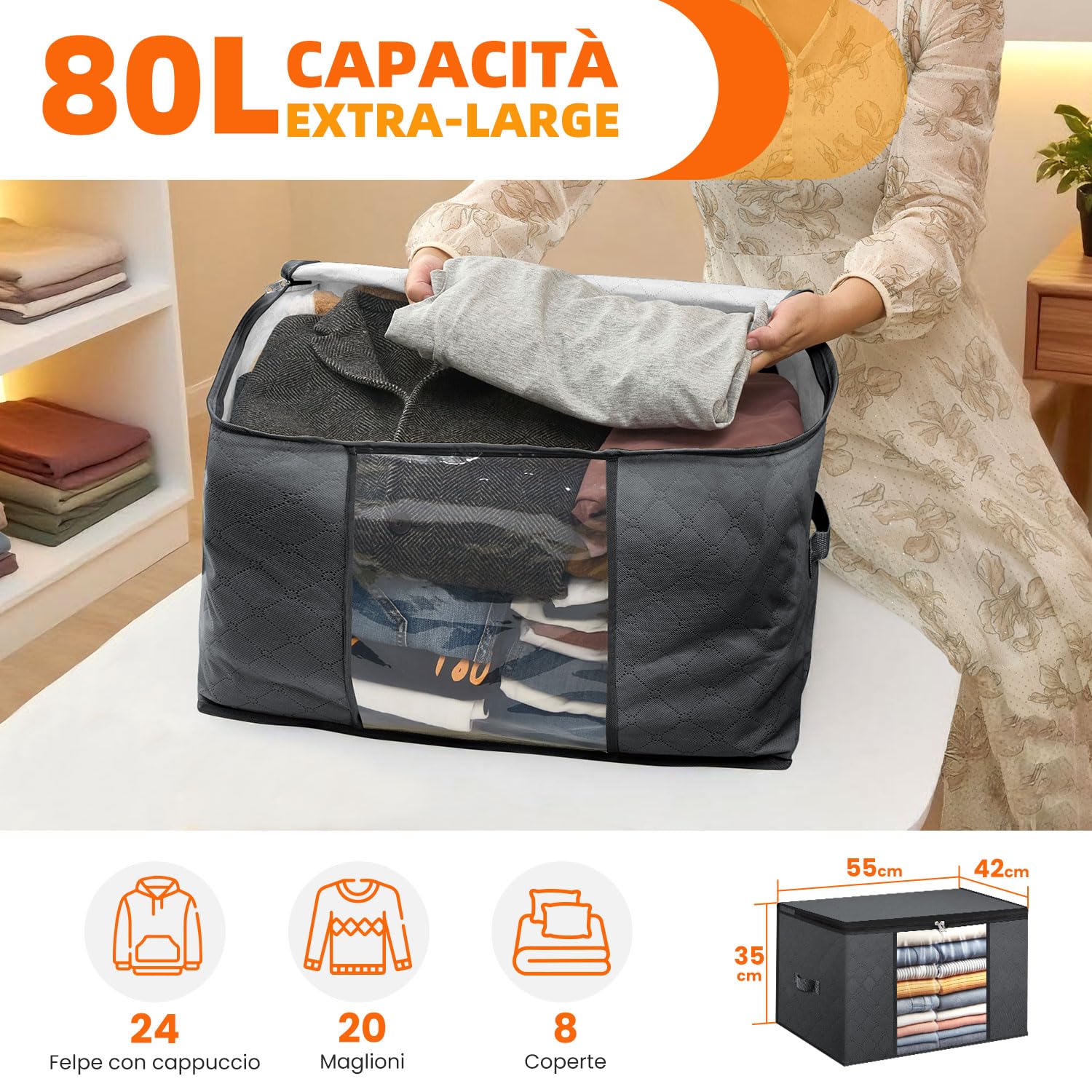 Set da 3 Borse Salvaspazio Pieghevoli 80L – Grigio Scuro – Tessuto a 3 Strati con Finestra Trasparente – per Vestiti, Coperte, Letto, Armadio