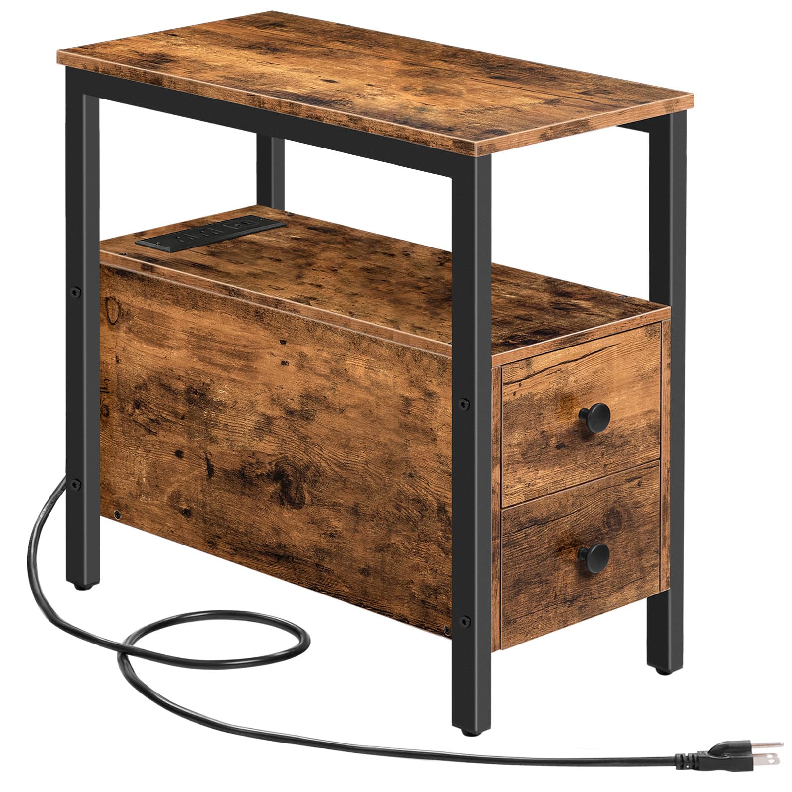 HOOBRO End Table with Charging Station, Narrow Side Table with 2 Drawer & USB Ports & Power Outlets, Nightstand for Small Spaces, for Living Room, Bedroom, Rustic Brown and Black BF541BZ01The Forest Stewardship Council