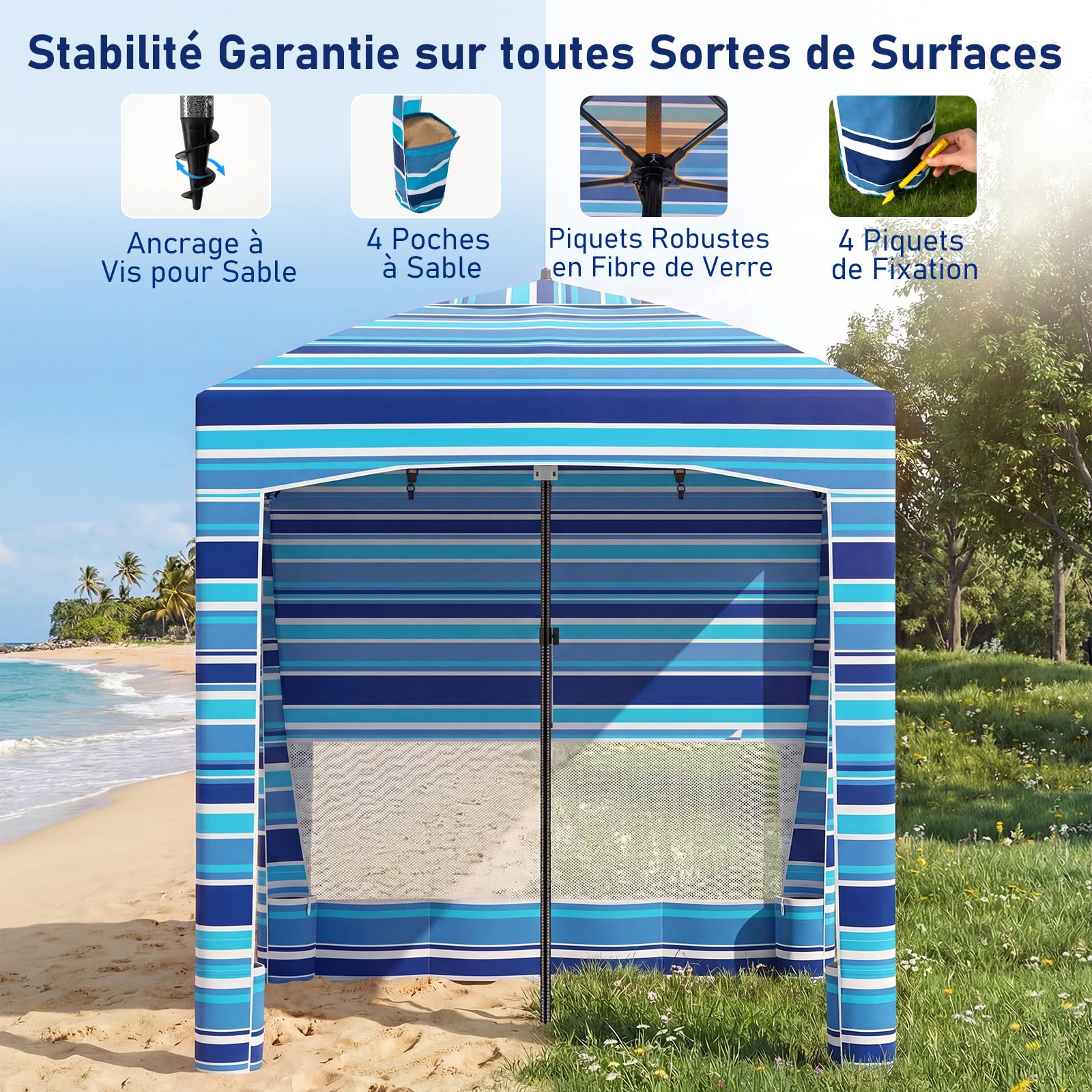 COSTWAY Tonnelle de Plage Pliable 185 x 185 cm, Abri de Plage avec Parois Latérale Amovible, Hauteur Réglable, Poches à Sable, Tente à Auvent Sac de Transport, Protection UV 50+, Bleu