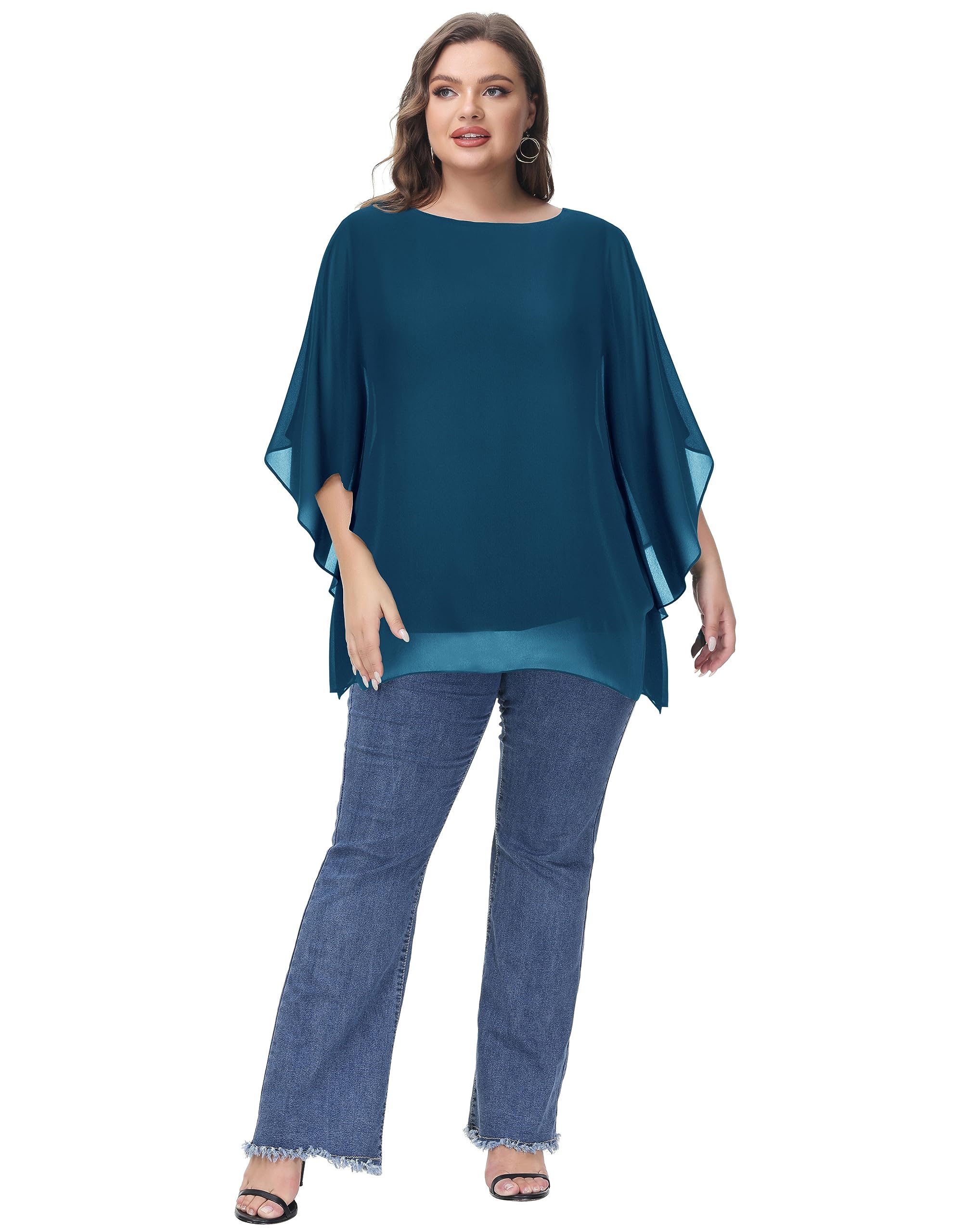 Hanna Nikole Blusa de gasa para mujer, tallas grandes, elegante, de murciélago, camisa de doble capa, suelta, larga