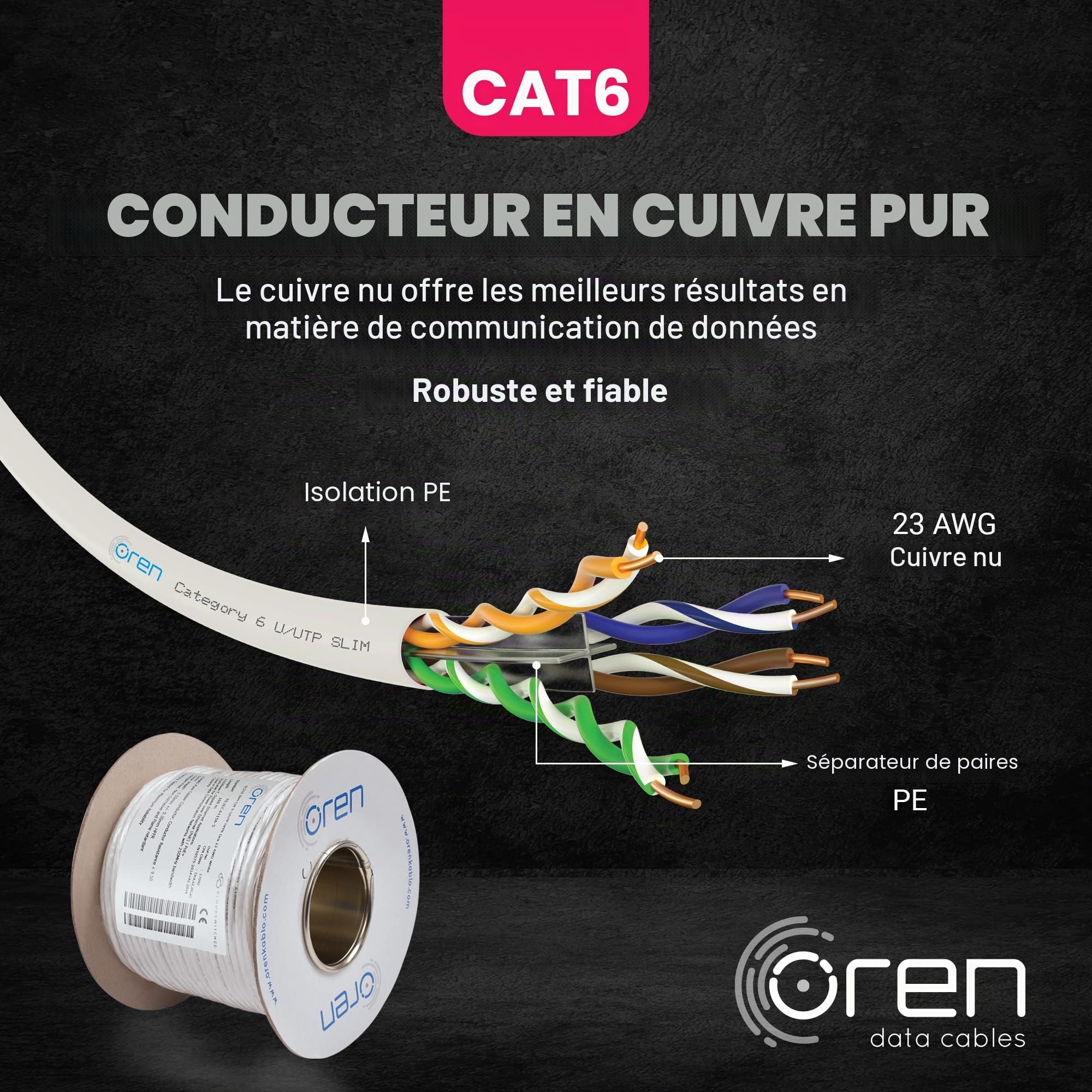 Oren Câble Ethernet CAT6 100m - Fin - Fil de cuivre pur 23 AWG - Bande passante 250 MHz - Câble réseau LAN Internet UTP - Sans halogène, non corrosif - Câble Ethernet Gigabit haut débit - Blanc