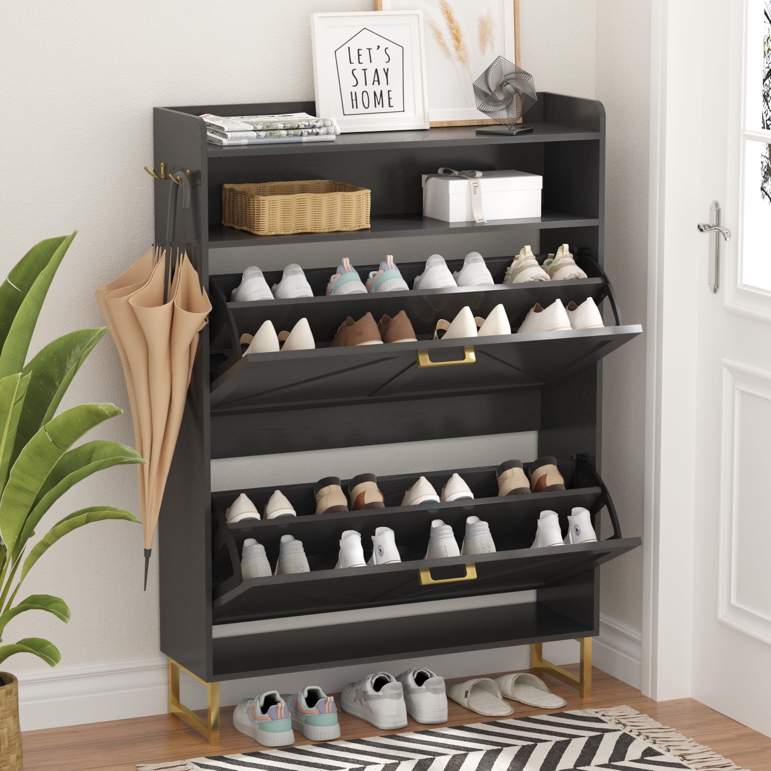 Shoe Cabinet with 2 Flip Drawers, Freestanding Hidden Shoe Storage Organizer for Entryway, Narrow Slim Shoe Rack Cabinet with Open Storage & Hooks for Front Door Entrance, Living Room, Hallway, Black