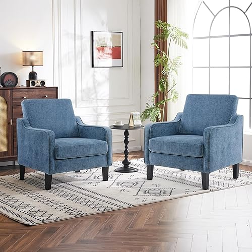 Miniatura 9 de VINGLI Silla decorativa moderna de mediados de siglo, sillas de felpilla azul marino para sala de estar, sillón tapizado con brazos redondeados para