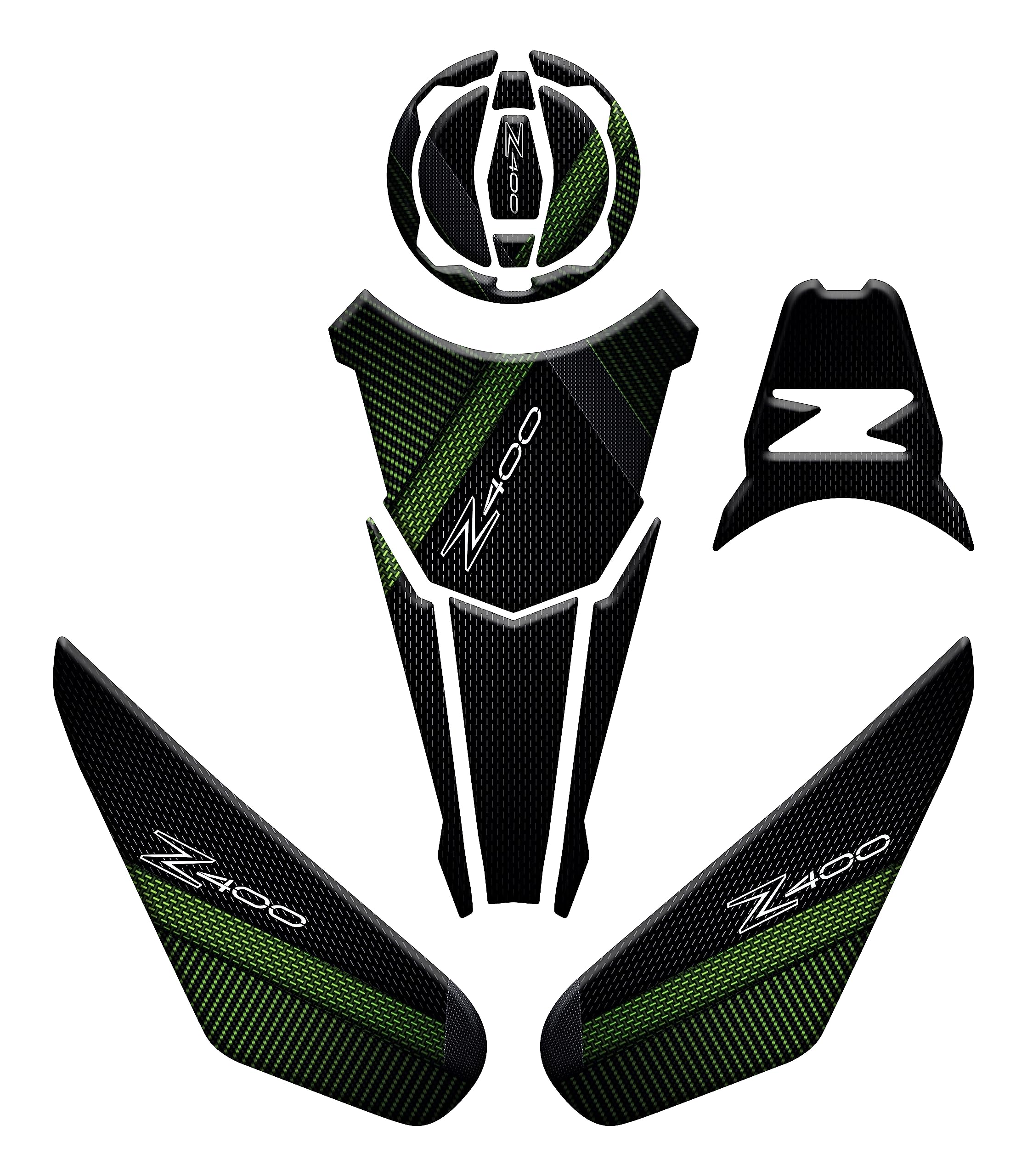 Adhesivo resinado Efecto 3D para Moto Compatible con Kawasaki Z400 (Verde Claro, Kit Protector de depósito y Protecciones Varias)
