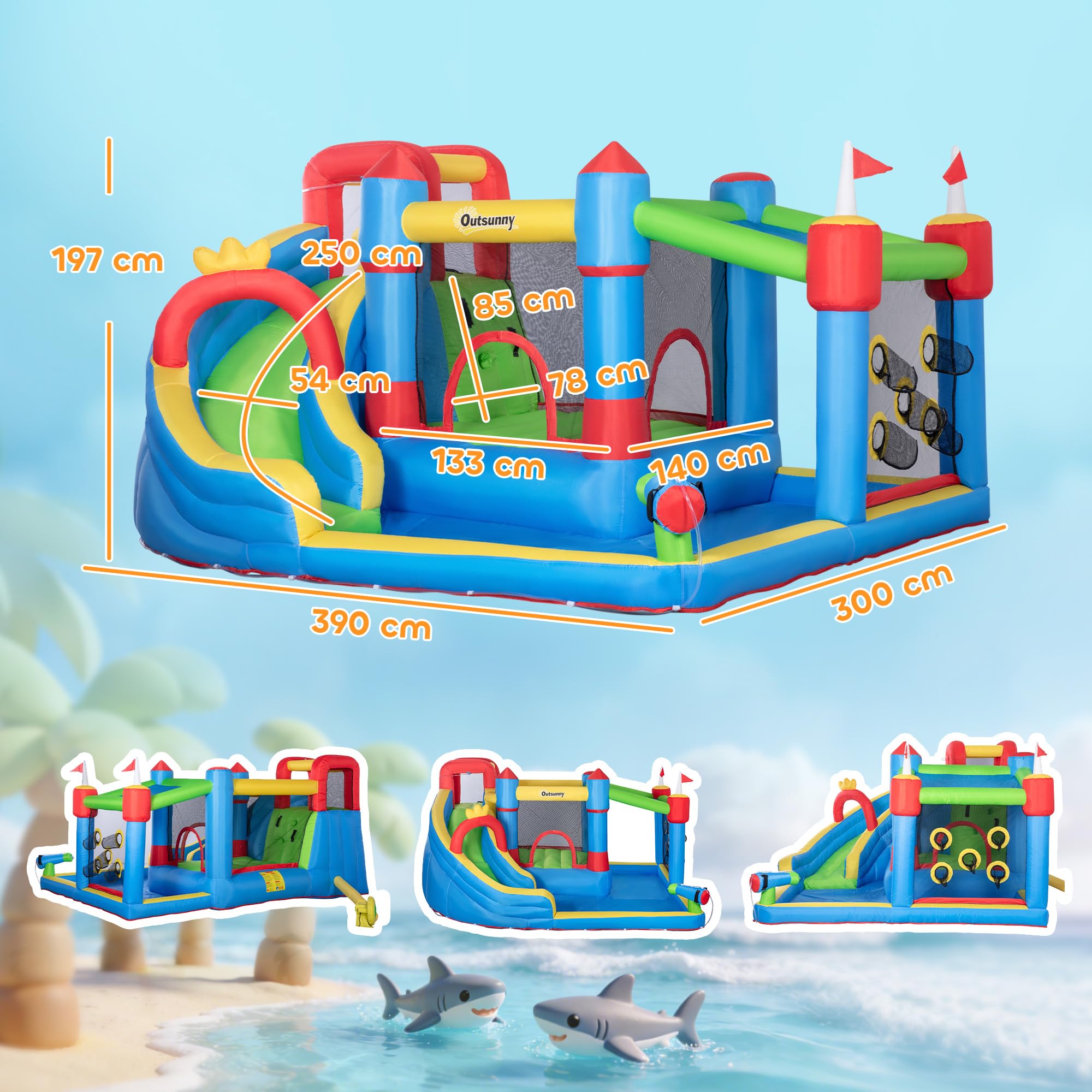Outsunny Castillo Hinchable para Niños Castillo Inflable Infantil con Tobogán Cama de Salto Piscina Muro de Escalada Inflador y Bolsa de Transporte 390x300x197 cm Multicolor