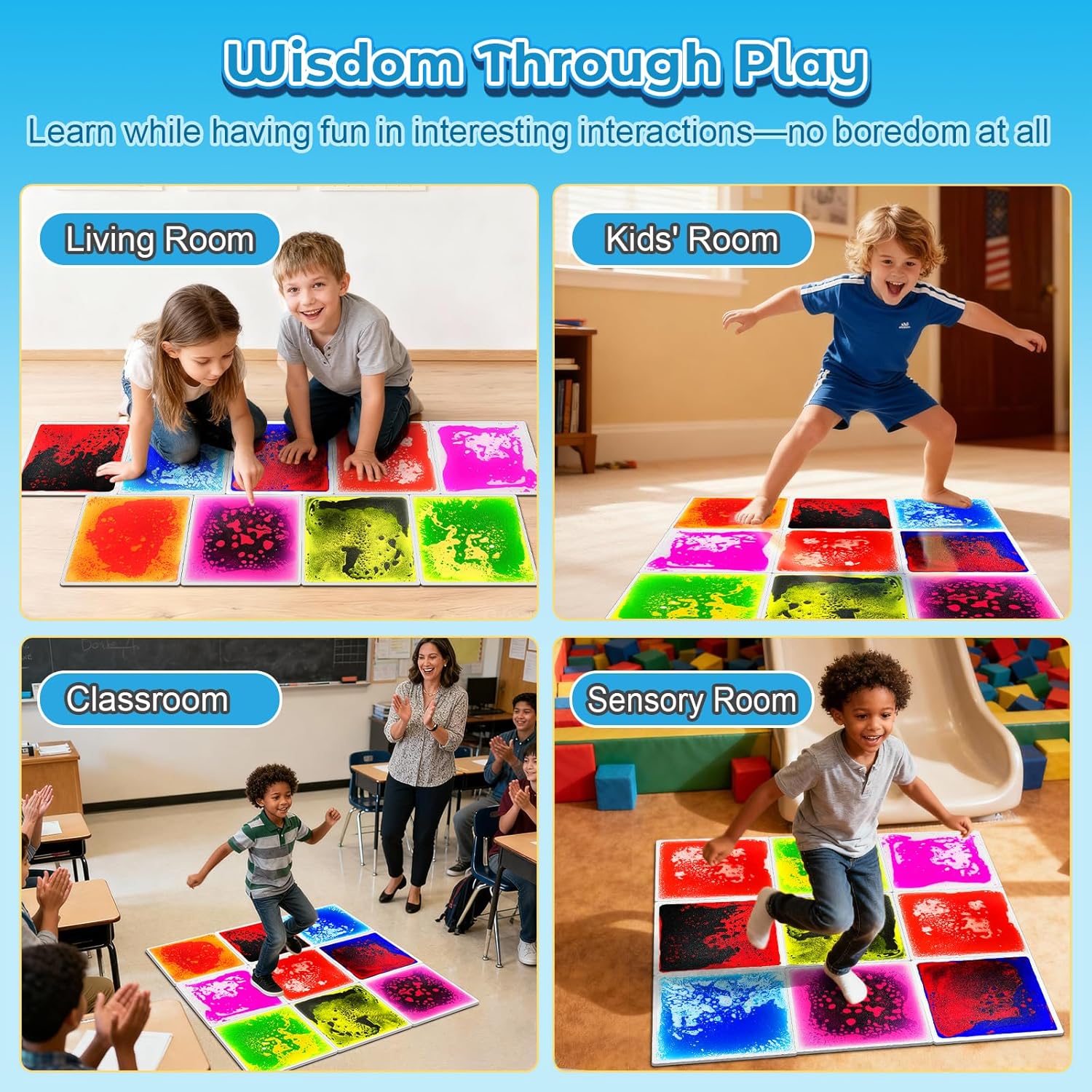 Sensory Floor Tiles 9PCS - Liquid Play Mats for Kids Toddlers (3-7Y), Non-Toxic Lava Tiles for Home & Classroom, Waterproof Colorful Sensory Toys for Autism, Gross Motor Development