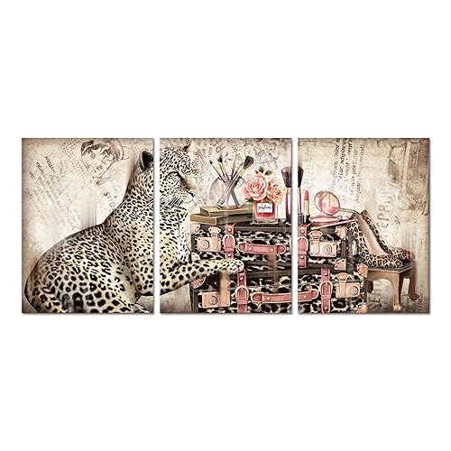 Welmeco Retro Brown Pink Fashion Picture Wall Decor Leopard with with Bags High Heel Shoes Makeup Accessories Painting Poster Canvas Prints Artwork for Woman Bedroom Beauty Salon Room Wall Decoration