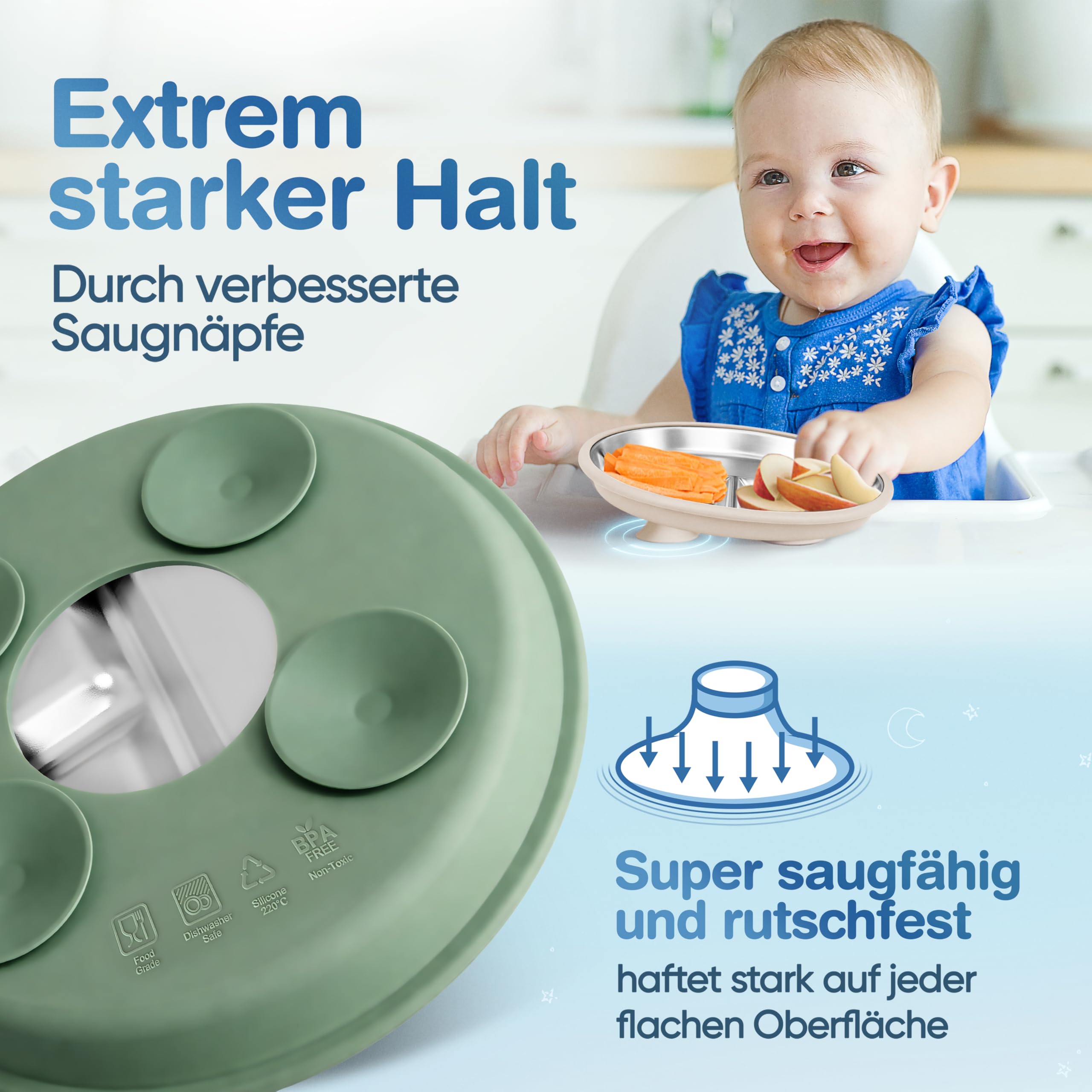 Mutkind® 3x Baby Teller mit Saugnapf - (Extra Starker Halt) Edelstahl Kinderteller - Spülmaschinengeeignet - Rutschfester Babyteller mit Saugnapf - Beikost Baby Zubehör - Hochwertiges Kindergeschirr