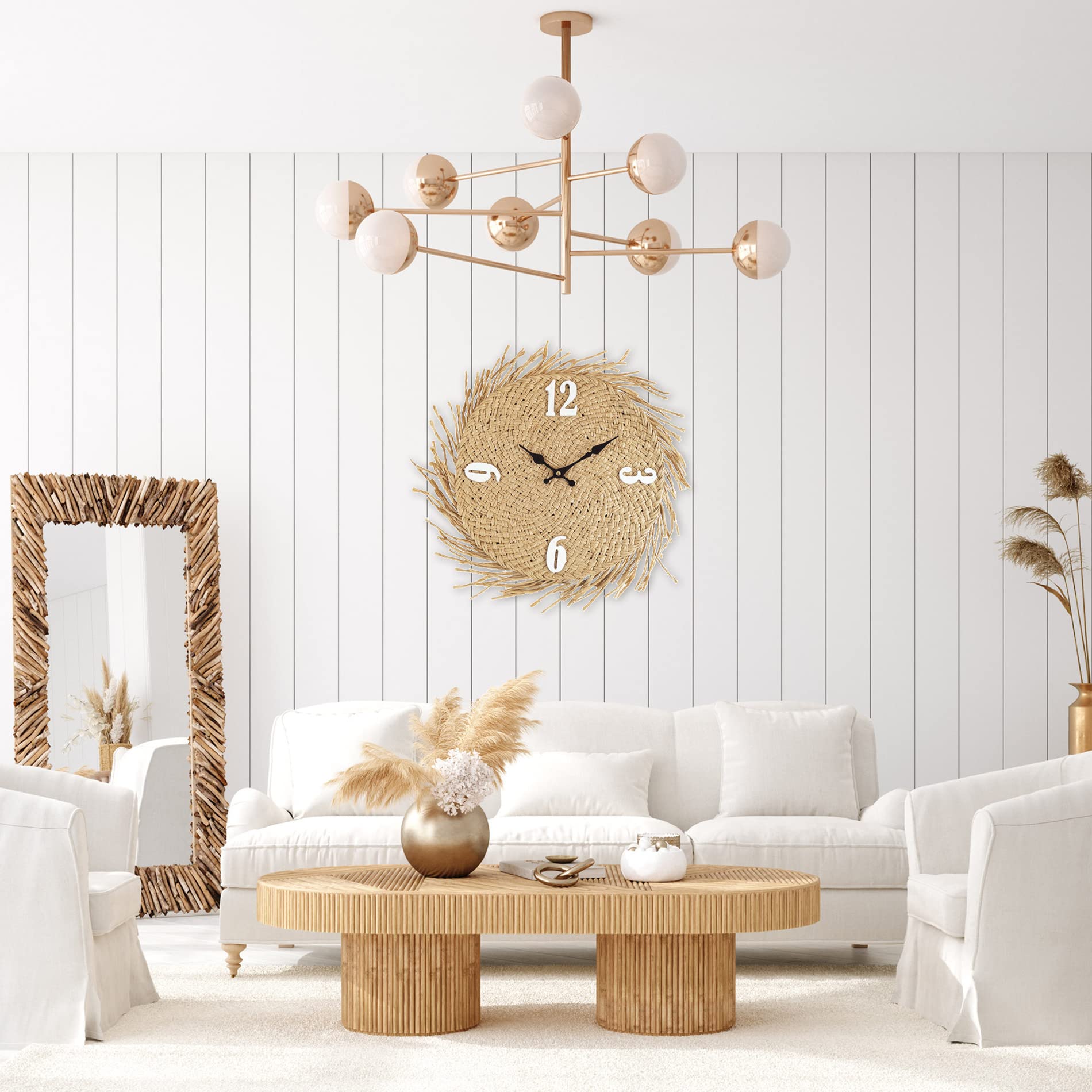 Rebecca Mobili Orologio Per Muro, Orologi Da Parete Paglia Mdf, Beige, Stile Rustico, Arredo Cucina Soggiorno - Misure: 45 x 45 x 4,5 cm (HxLxP) - Art. RE6593