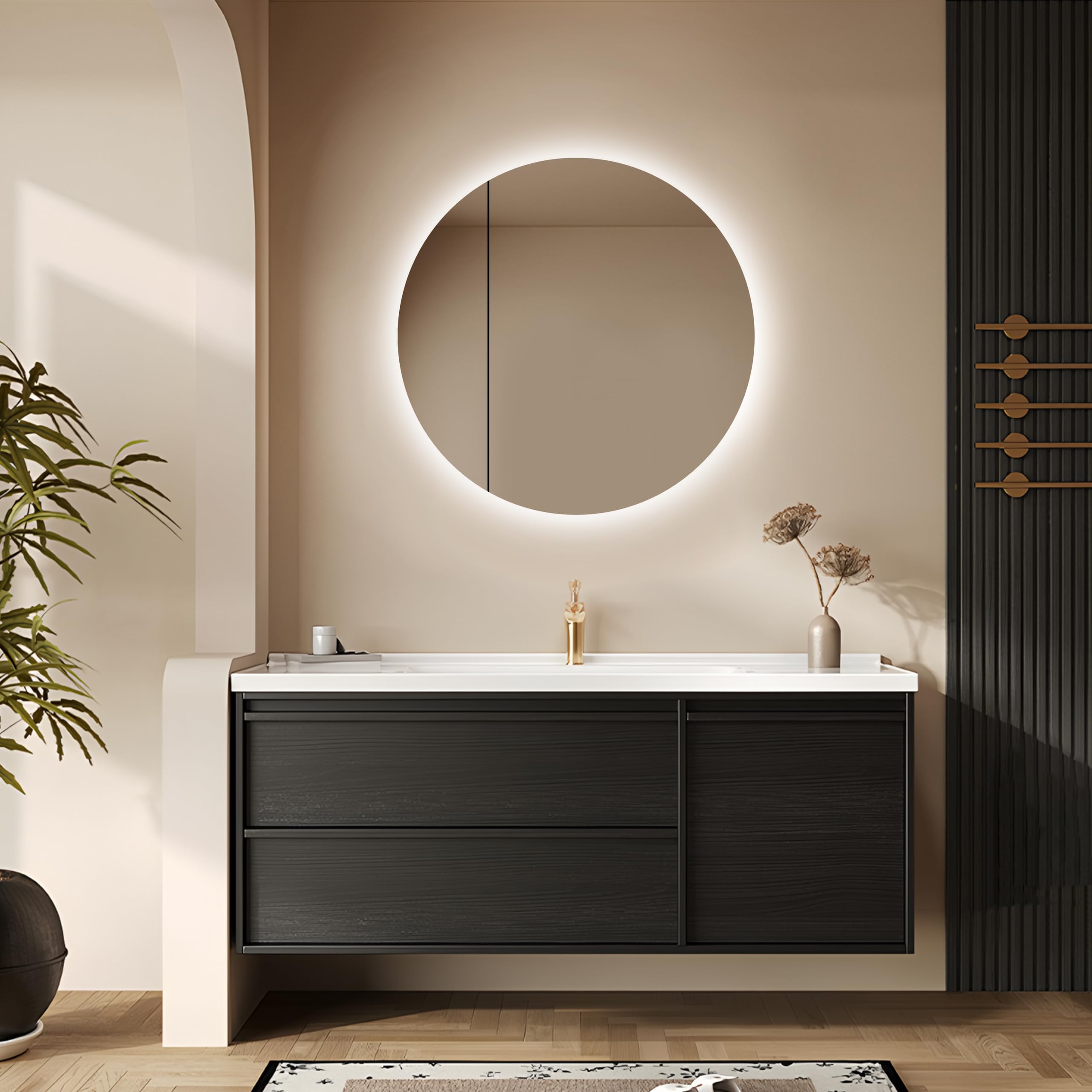 Talos Picasso Style szafka z lustrem, czarna, Ø 60 cm, z wysokiej jakości aluminiowym korpusem, nowoczesny mebel łazienkowy ze zintegrowanym oświetleniem LED, lustro łazienkowe z praktycznym