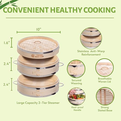 Miniatura 3 de Vaporizador de bambú de 2 niveles de 10 pulgadas con refuerzo y mango, forro de silicona reutilizable y kit de accesorios para cocinar albóndigas,