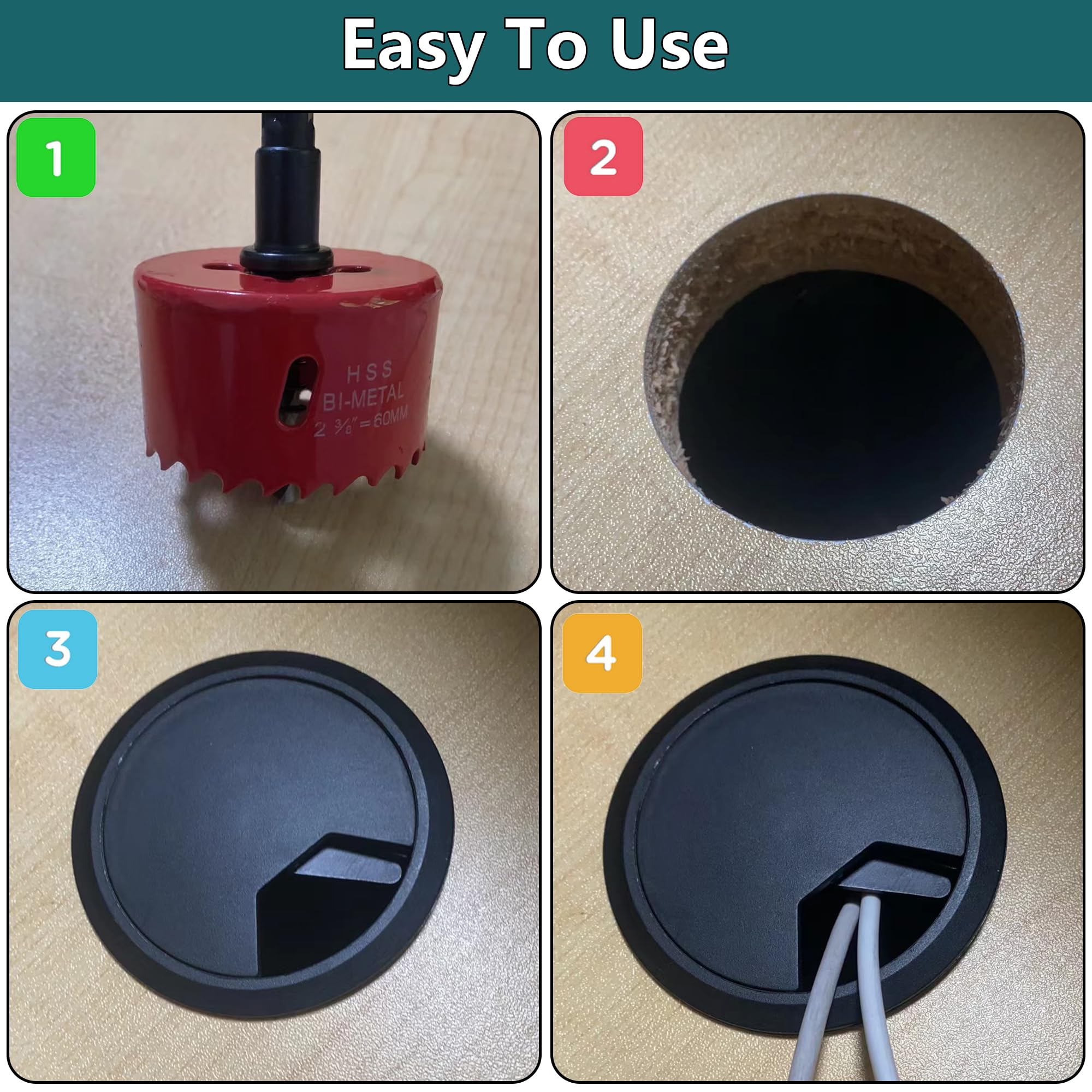 Laeeyin Lot De 10 Passe-Câbles De Bureau 60mm Avec Scie Cloche - Entrée Ronde Noire Pour Plans De Travail Et Organisation Câbles
