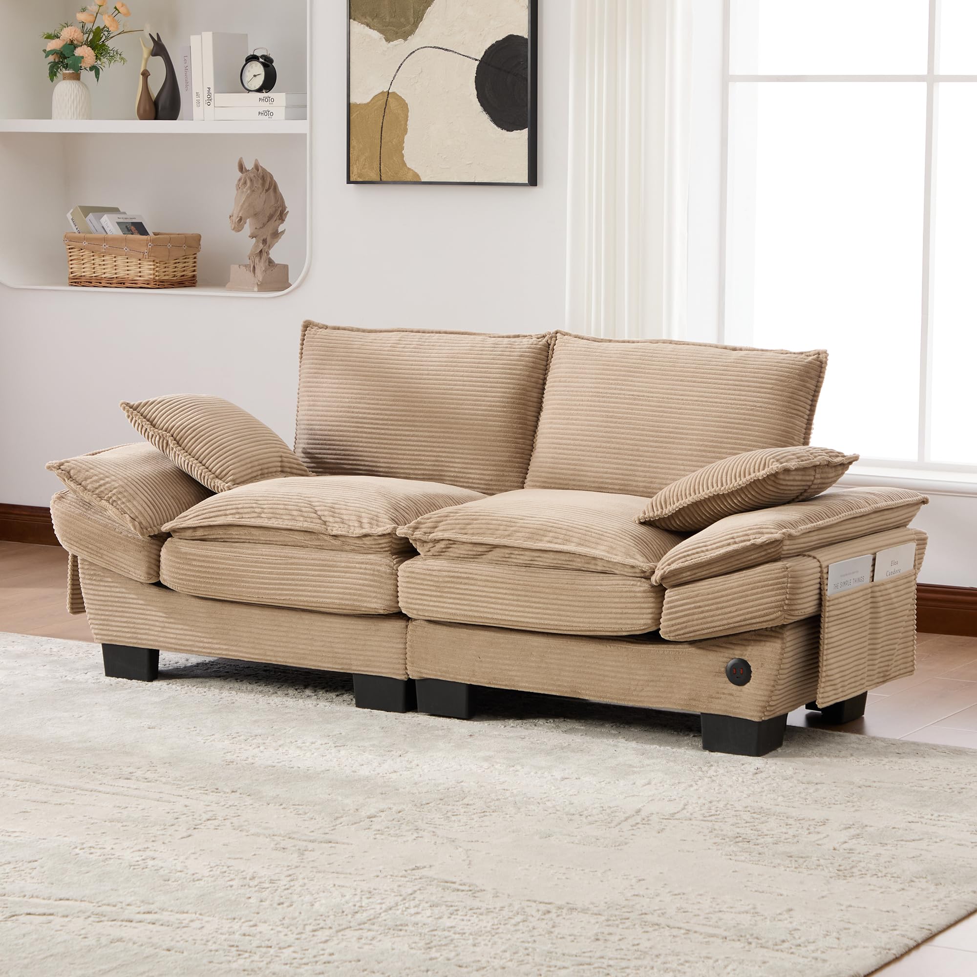 Sofá Cama con Respaldo y Almohada para Salón, Sofá Doble con Cómodos Cojines y Reposabrazos, Sofás con Bolsillos Laterales para Dormitorio Apartamento, Sofás Modular, Pana (Caqui)