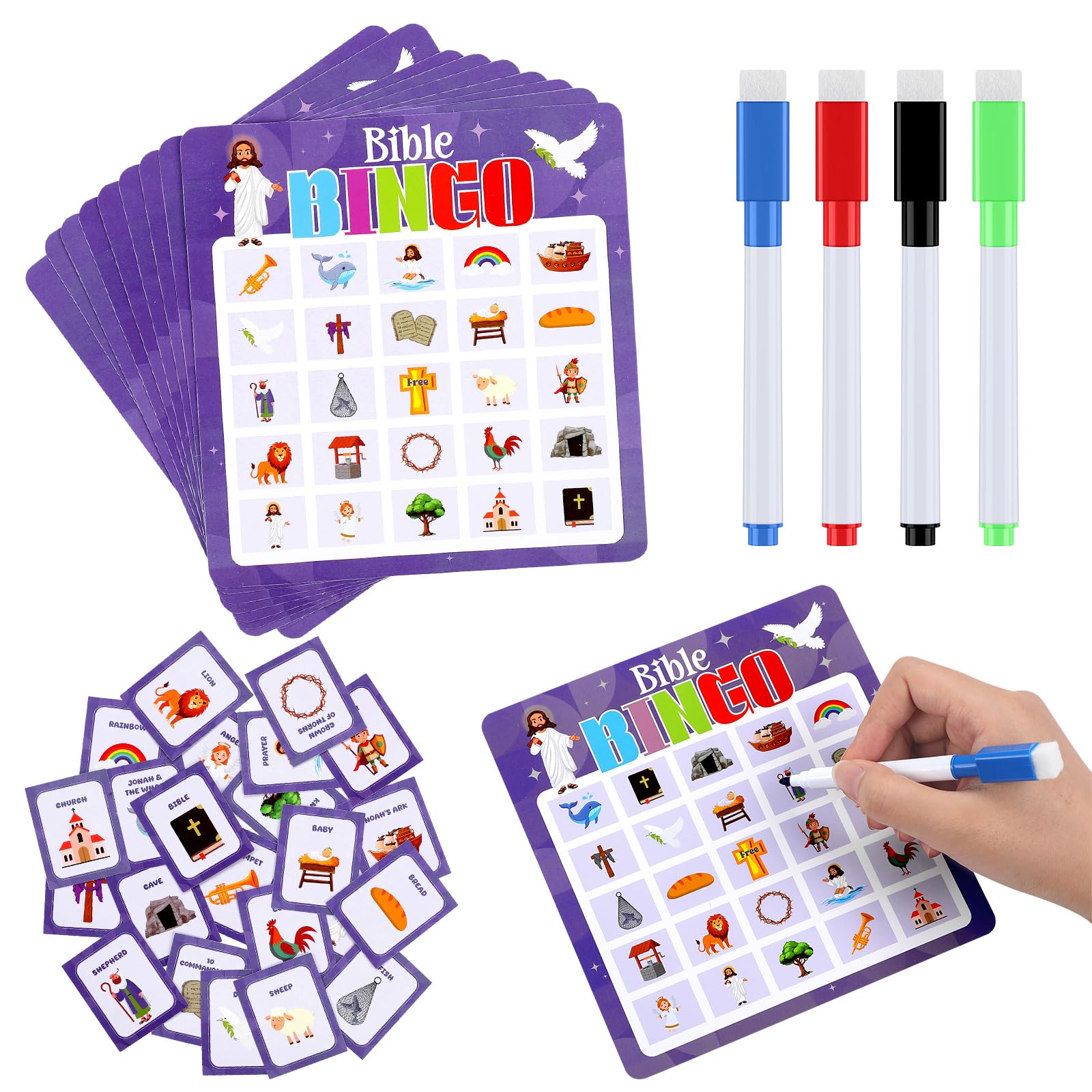 Soulchen 52 Pcs Bible Games Dry Erase Bingo Game 24 Players Bingo Cards for Party Favors Family Classroom Activities Party Supplies