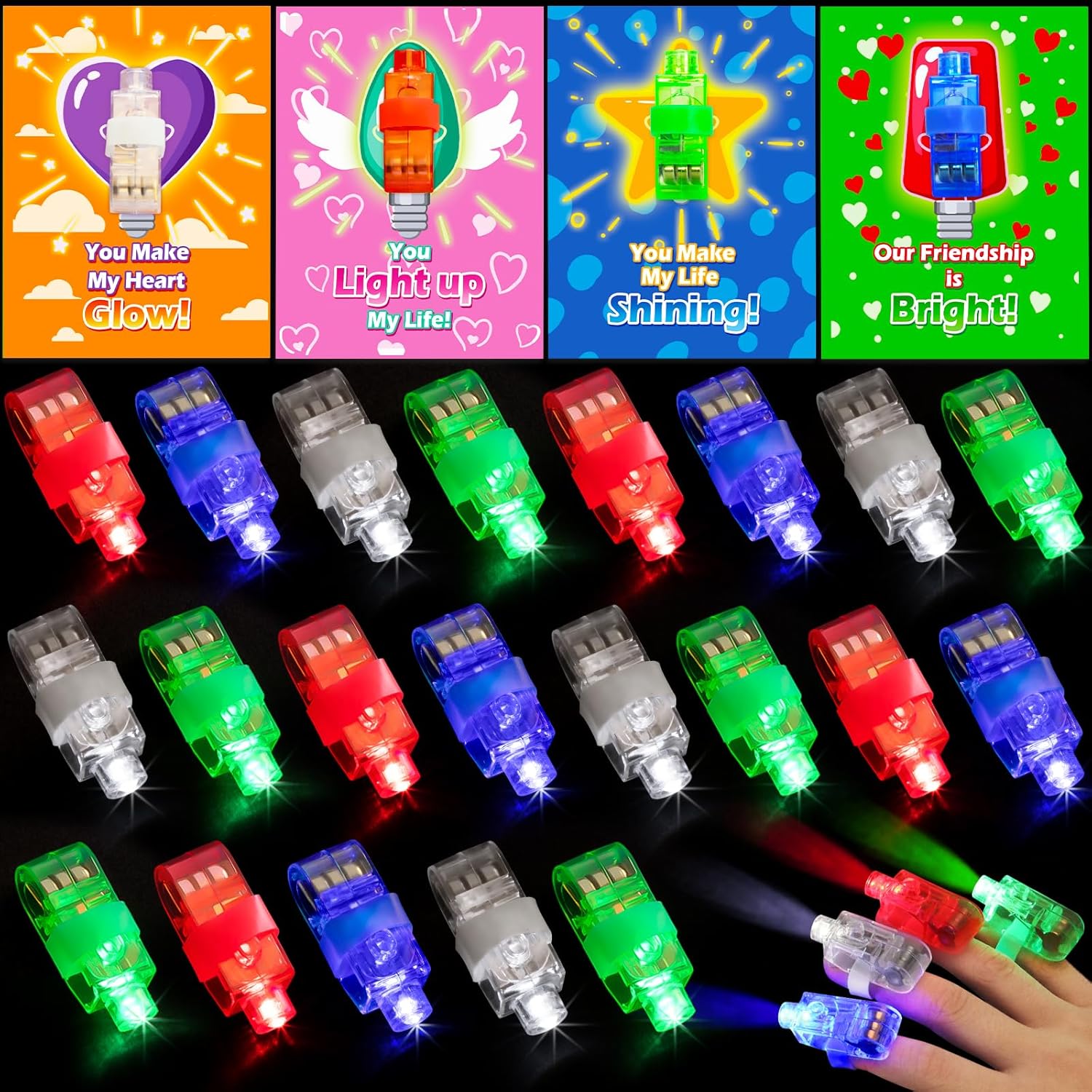 28 Pack Valentines Day Gifts for Kids, LED Finger Lights with Valentine Cards, Valentines Cards for Kids Classroom, Glow in the Dark Toys Valentines Exchange Gifts, School Class Prizes for Boys Girls