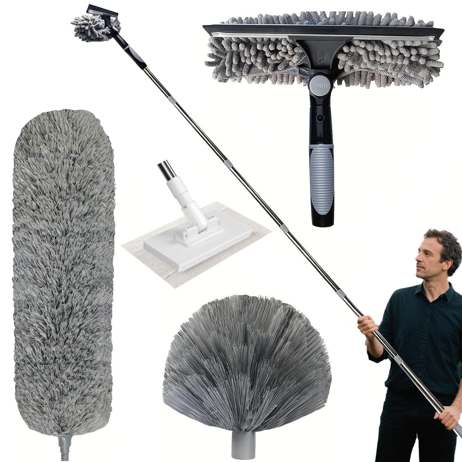 Staubwedel Teleskop 6M, mit Verstellbarer Teleskopstange von 1,5 bis 4,9 m,mit Spinnennetz-Staubwedelkopf, Chenille-Staubtuchkopf und Mikrofaser-Wischmopp mit Druckklemmsystem