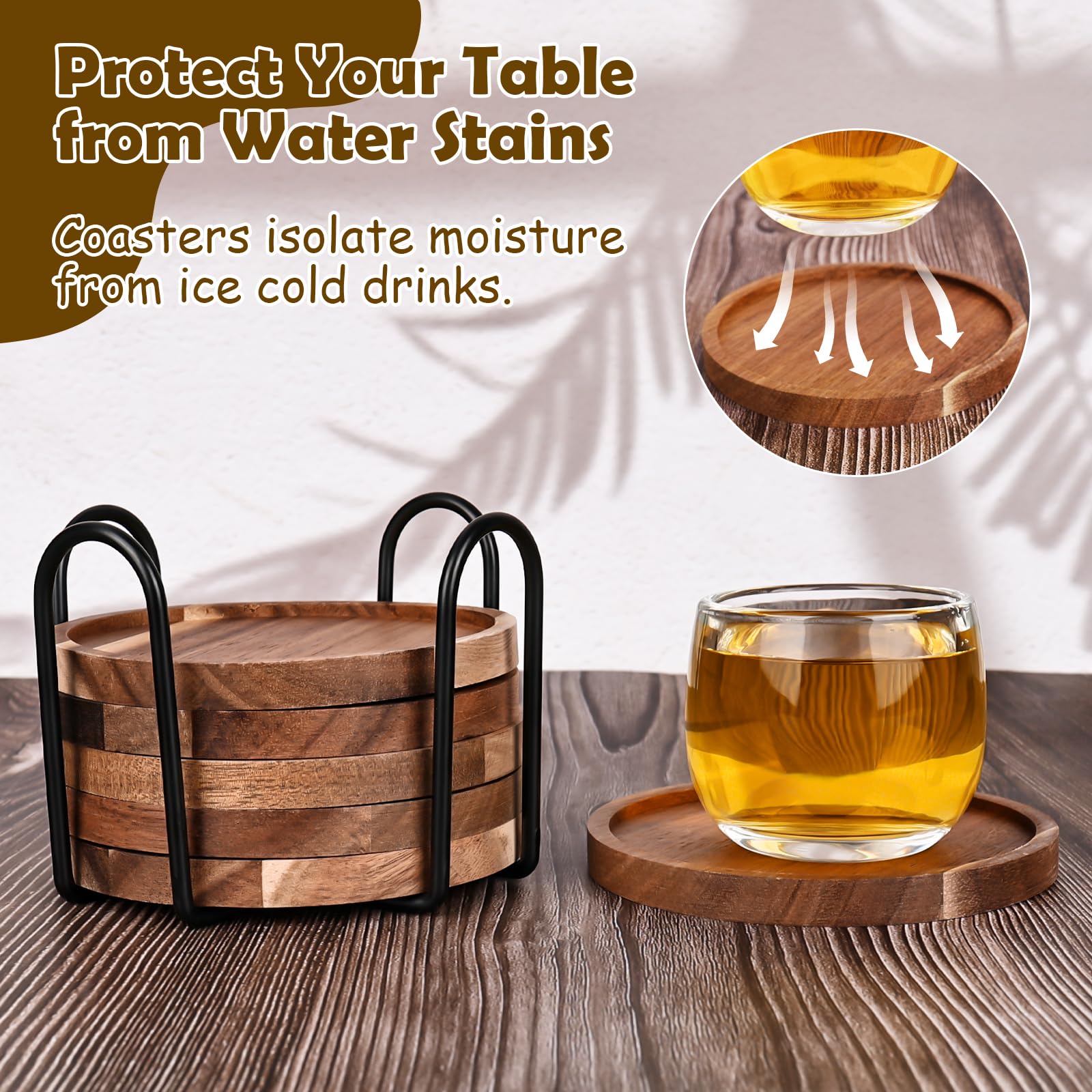 XTDMJ 6 posavasos redondos de madera de acacia con soporte, posavasos de cristal posavasos de corcho para té, bebidas, tazas, latas, vasos