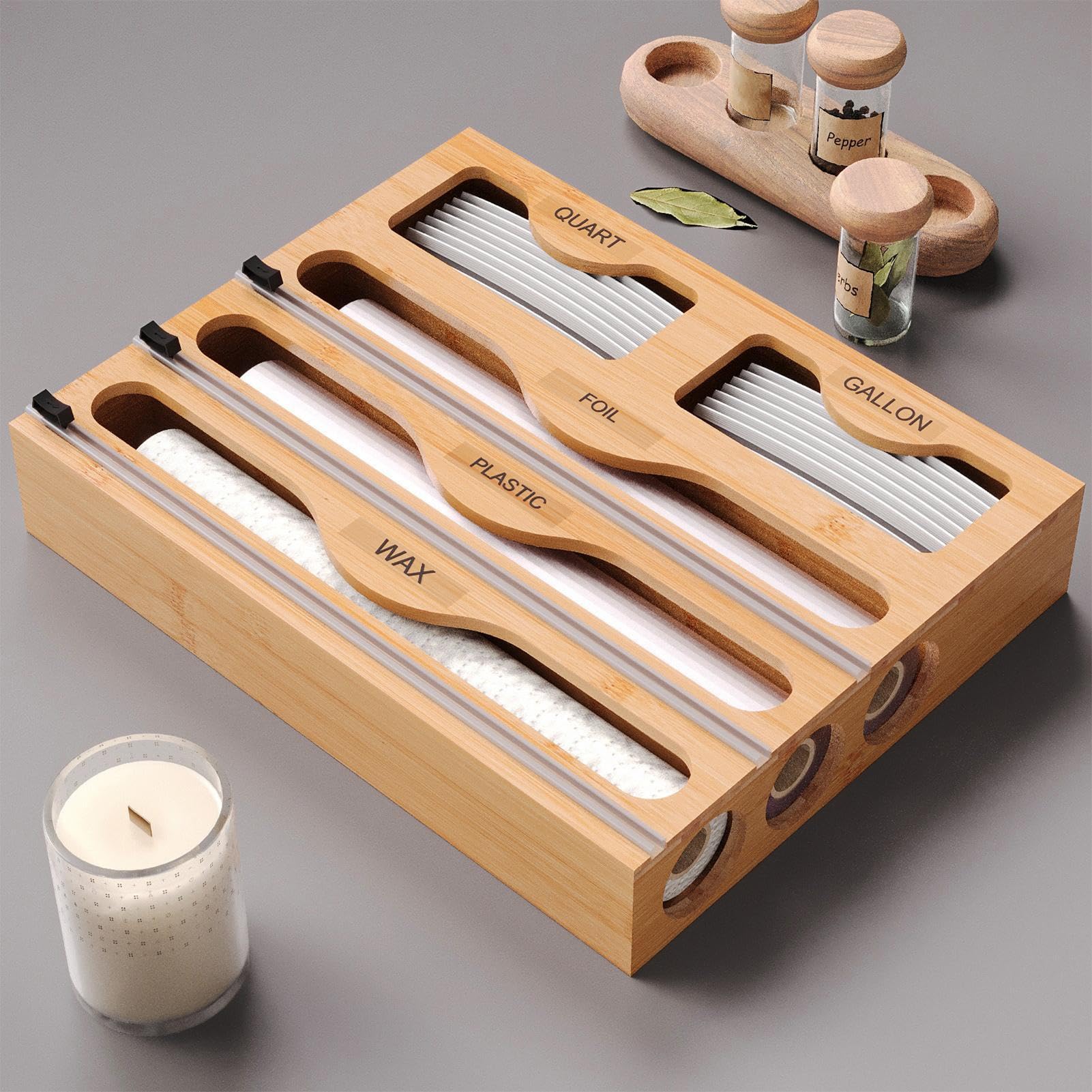Organizador de bolsas Ziplock, dispensador de papel de aluminio y , organizador de envoltura 5 en 1, soporte de almacenamiento multifuncional, para cocinas, restaurantes y servicio de