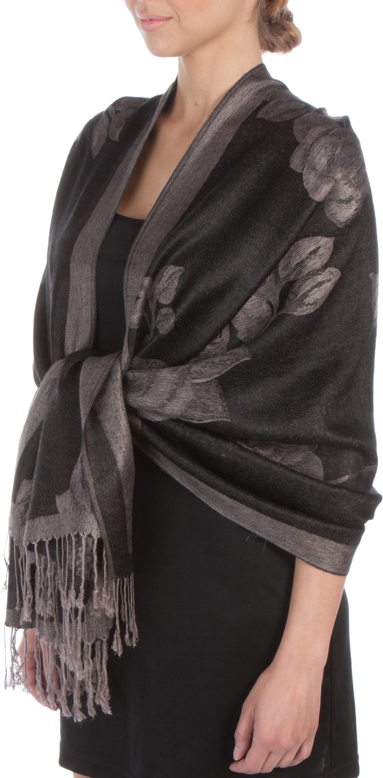 Sakkas Women's Black / Gray Two Tone Floral Rose Reversible Pashmina Scarf Shawl Wrap Stole For - Black/Gray
