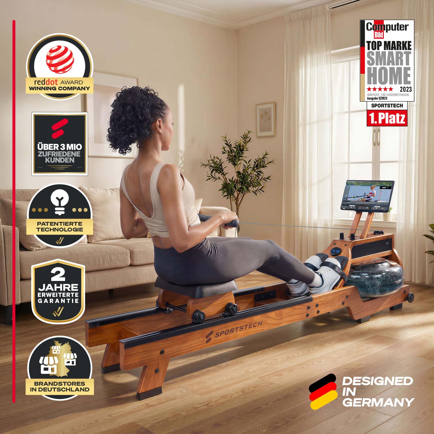 Sportstech Wasser Rudergerät für Zuhause WRX500 bis 150 kg, Rudermaschine aus FSC-Holz, vertikal verstaubar, App, Bluetooth & LED-Display, Tablethalter, gelenkschonendes Ganzkörpertraining