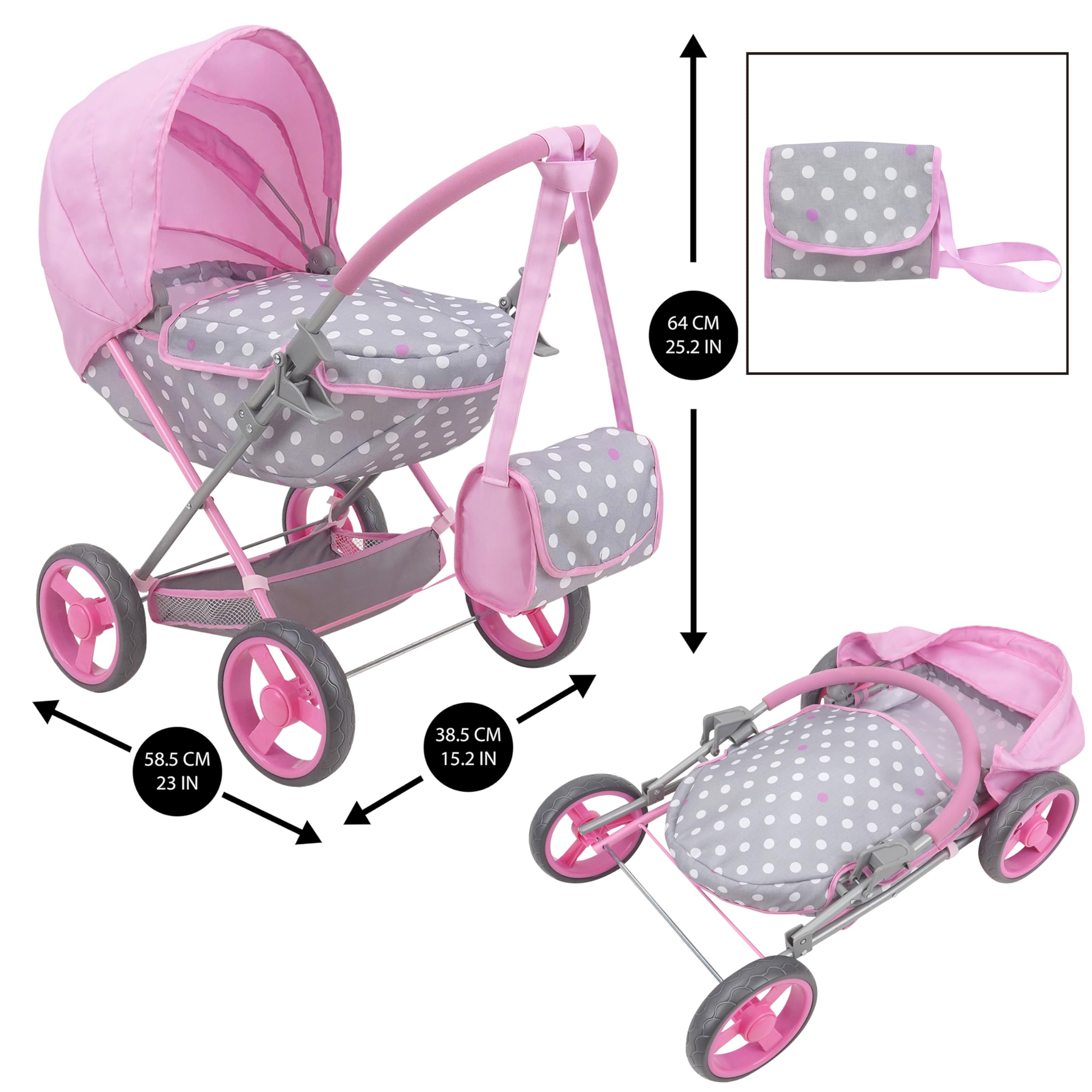 509 Crew Doll Pram n Feed 8 Piece Combo Play Set, Classic Doll Pram, Doll High Chair, Diaper Bag, 5 Piece Feeding Toys, for Dolls 46cm, Pretend Play for Kids Ages 3+