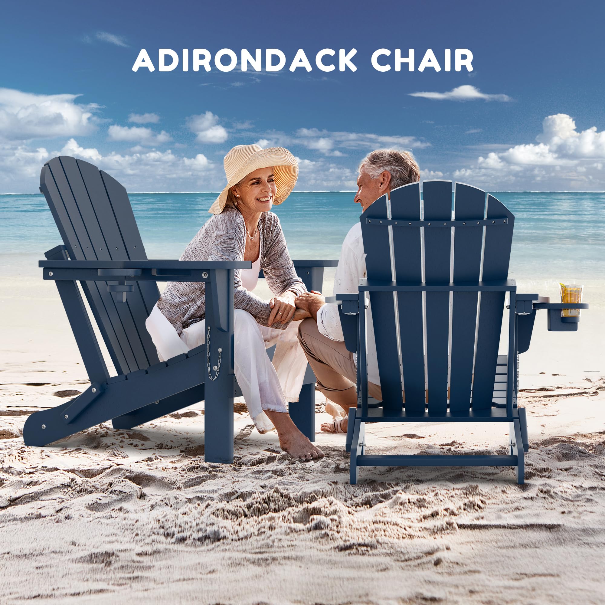 Sillas Adirondack, silla Adirondack plegable de polietileno de alta densidad para todo tipo de clima con portavasos para jardín, terraza, patio trasero y patio (azul)