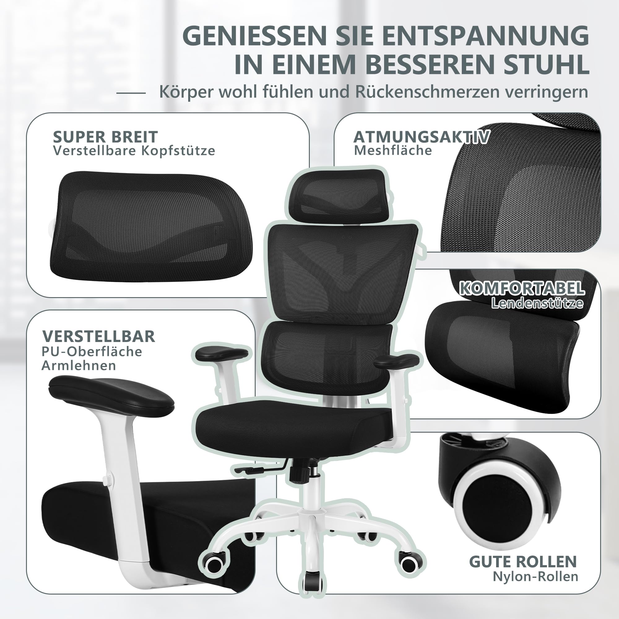 Winrise Höhenverstellbarer Zeichenstuhl Mit Lordosenstütze – Drehbar, Klappbare Armlehnen, Fußring – Weiß