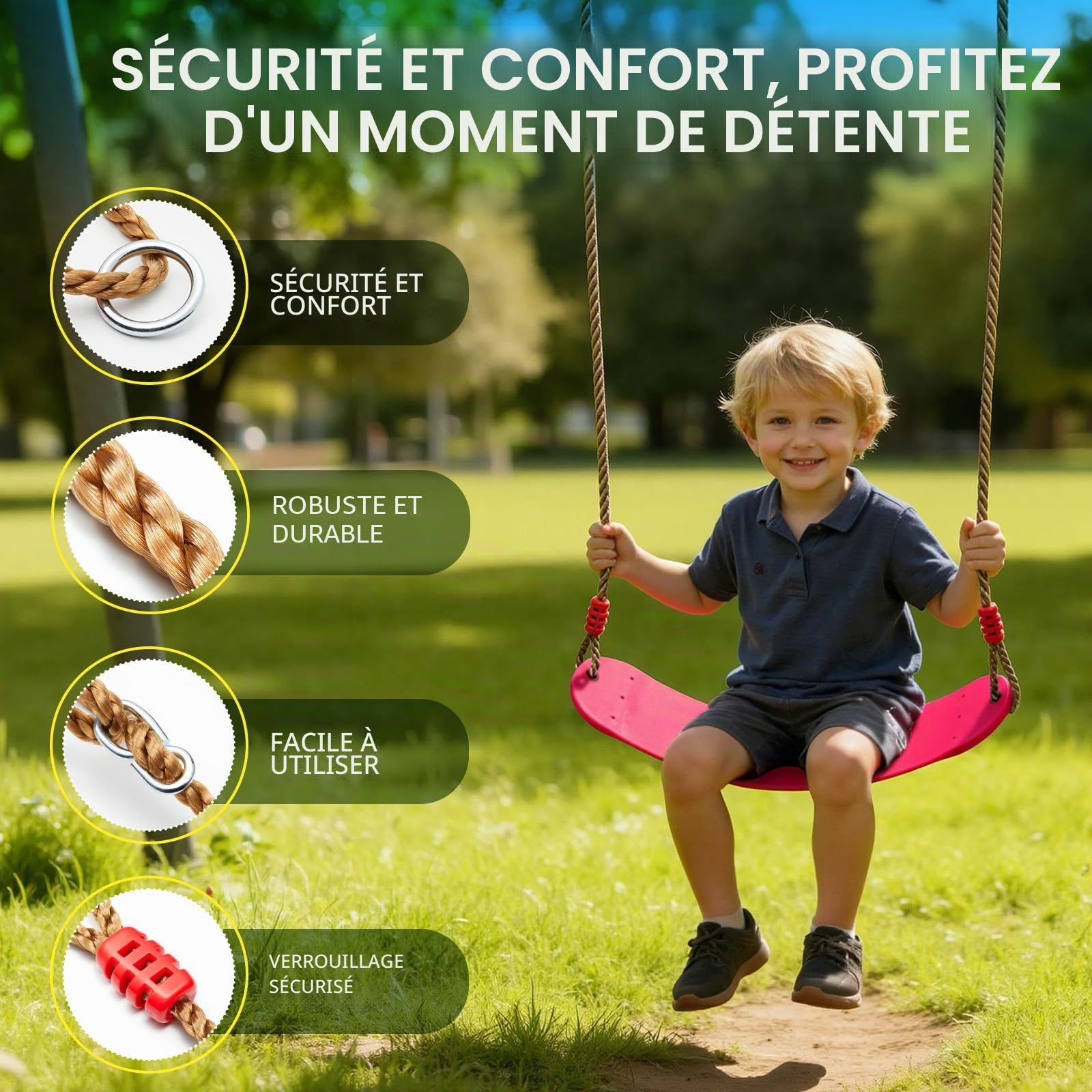 EXTSUD Balançoire pour Enfants Siège avec Corde Matériau EVA Flexible 66x14cm Max Charge 150kg (Rose)