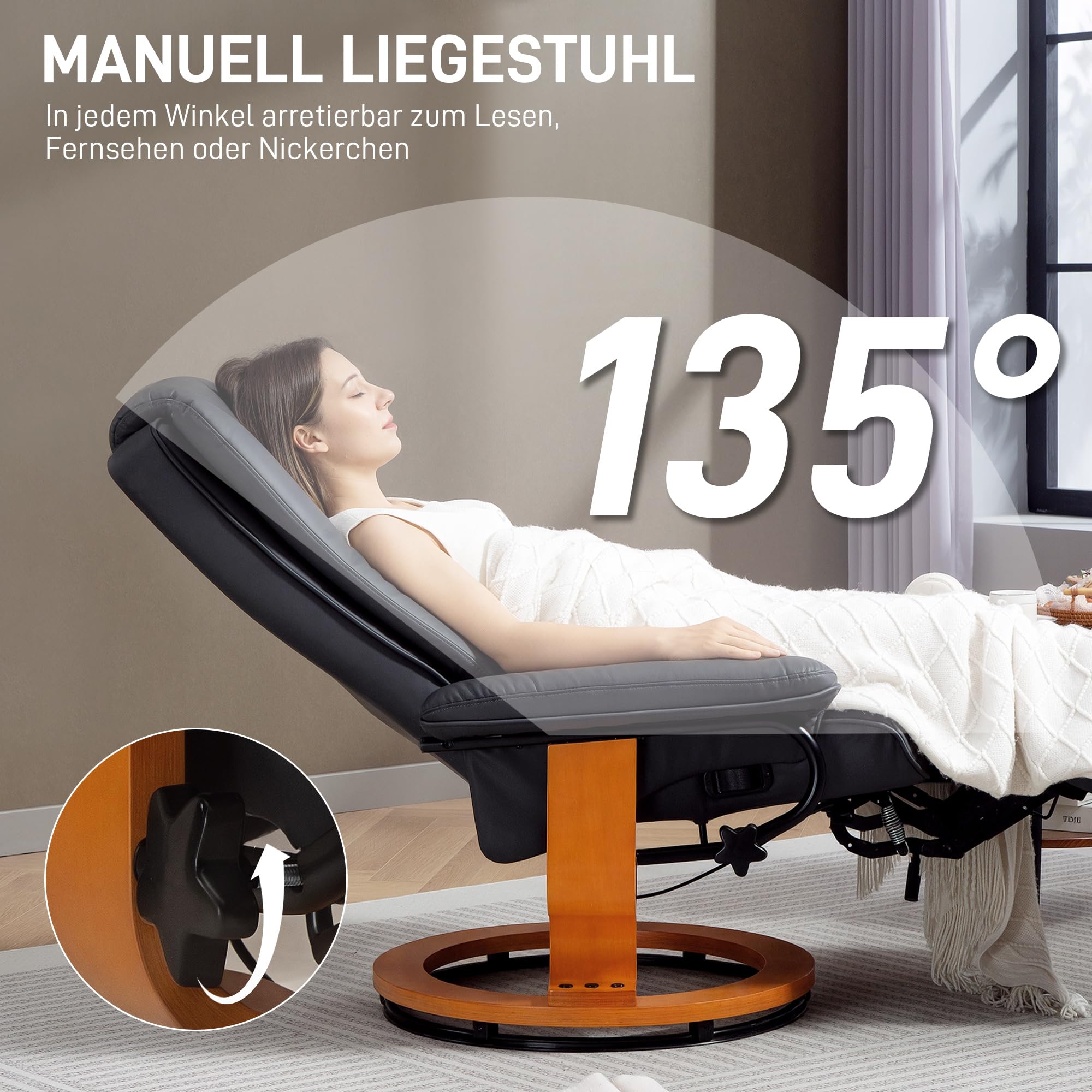 HOMCOM Relaxsessel Fernsehsessel mit Liegefunktion, Drehbarer Ruhesessel TV-Sessel mit Verstellbarer Rückenlehne Liegesessel bis 150 kg Belastbar, Kunstleder, Dunkelgrau