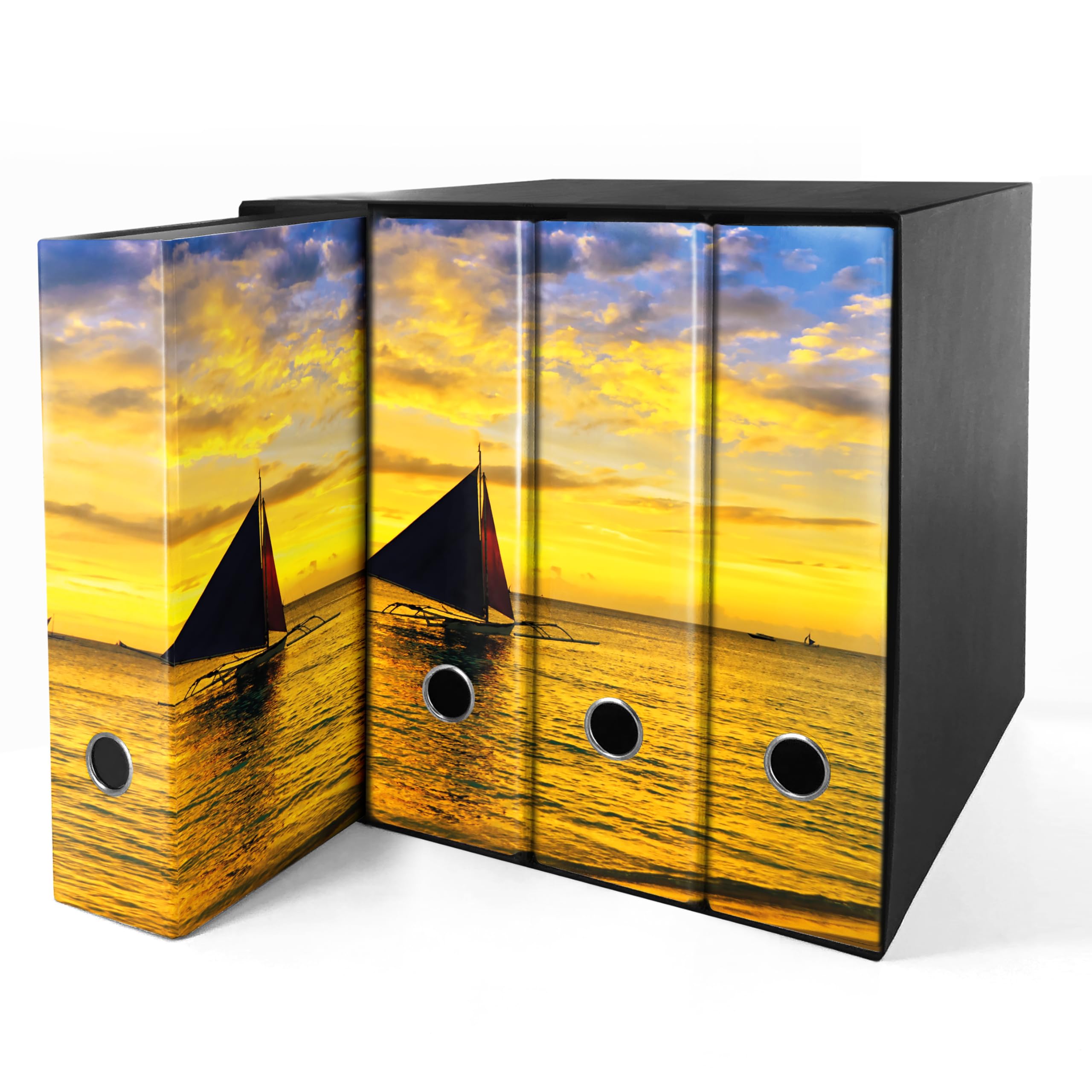 Set da 4 raccoglitori ad anelli - BARCA TRAMONTO (H31 cm con 2 anelli) Multicolore