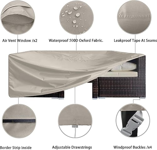 Miniatura 4 de Funda rectangular impermeable para mesa y silla de patio, color beige, 78 pulgadas de largo x 62 pulgadas de profundidad x 28 pulgadas de alto,