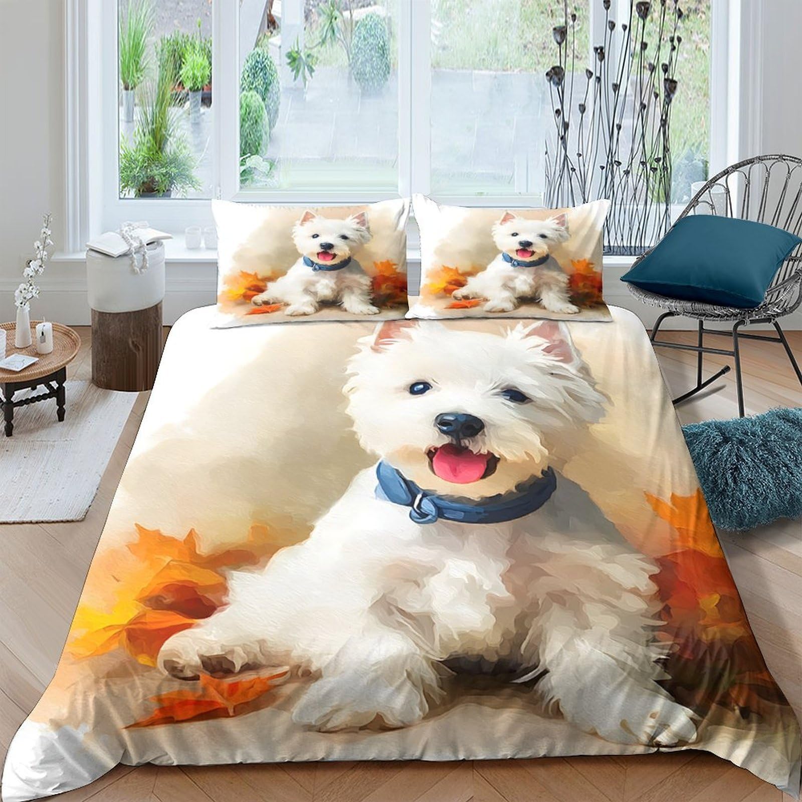 GPLZQXKJNH 3D Printed Westie Dog Duvet Cover Microfiber Soft Breathable Autumn Leaves Bedding Set with 2 Pillowcases for Home Bedroom Single（135x200cm）