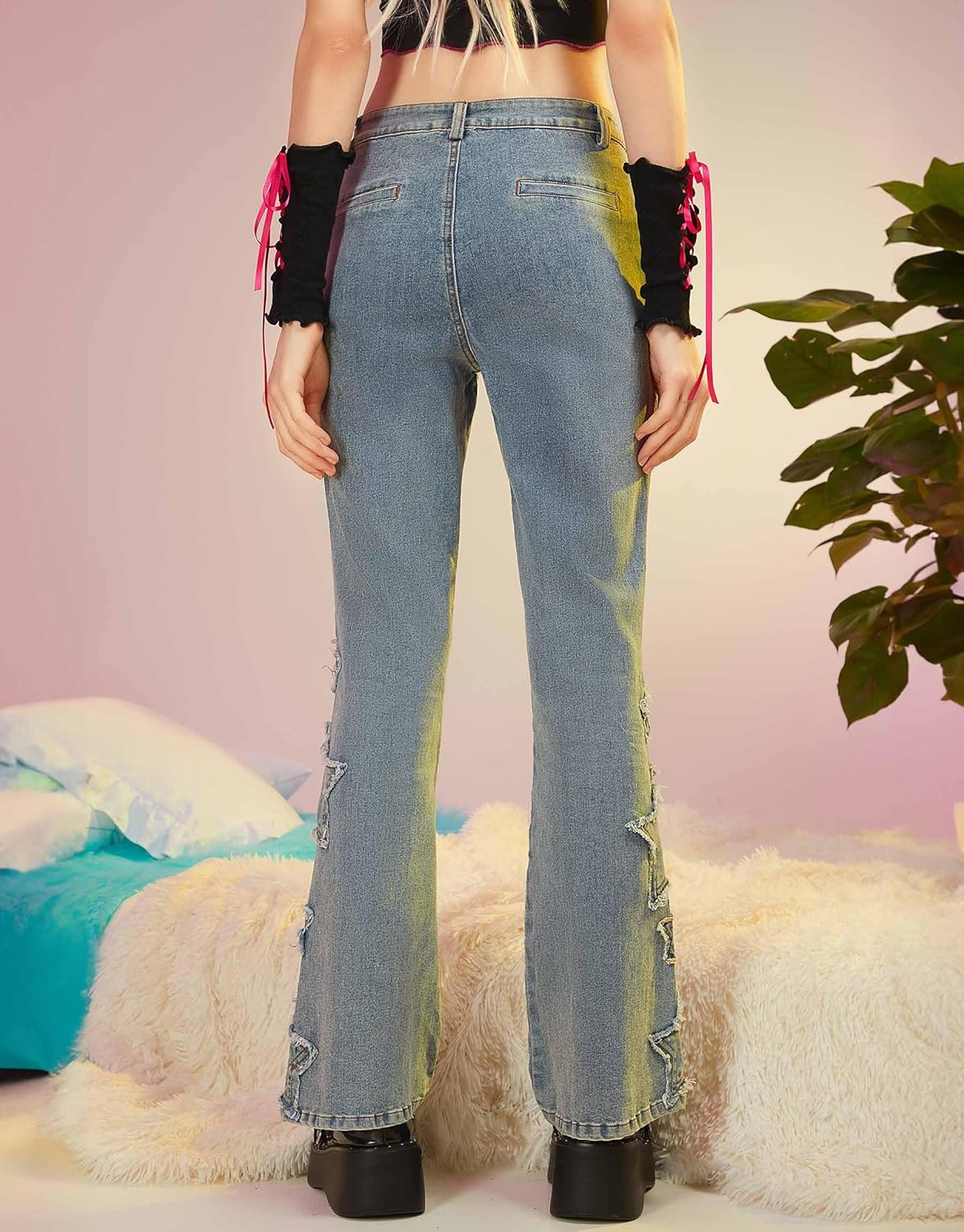 Winx Club Micotaku Women's High Waisted Flared Jeans Y2K Distressed Blue Denim Bell Bottom Trousers