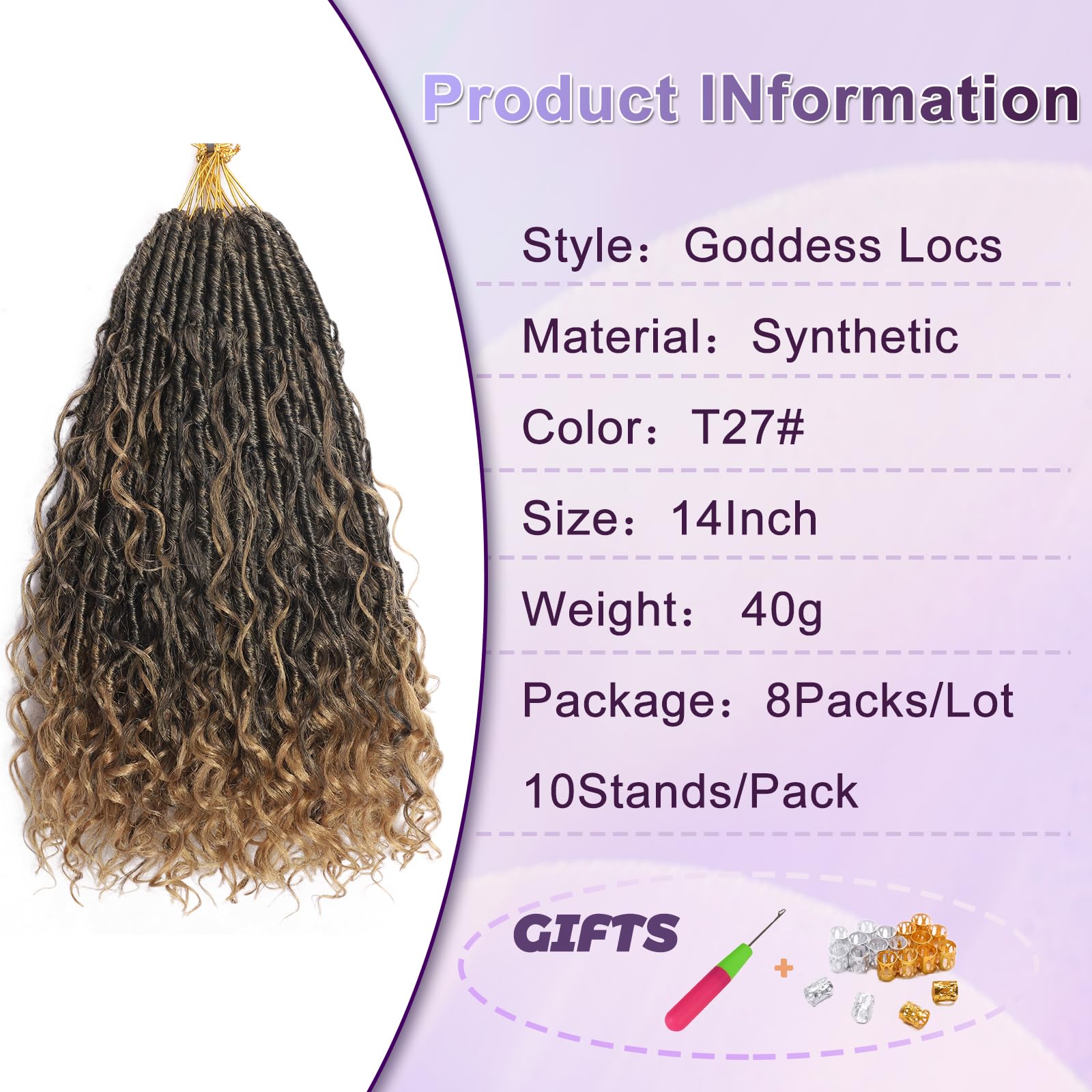 FANWYFYU 8 Packs Boho Faux Locs Crochet Hair 14 inch Goddess Locs Boho Soft Locs Crochet Hair with Curly Ends Pre-looped Long Bohemian River Locs Crochet Hair For Women (T27) - Image 2
