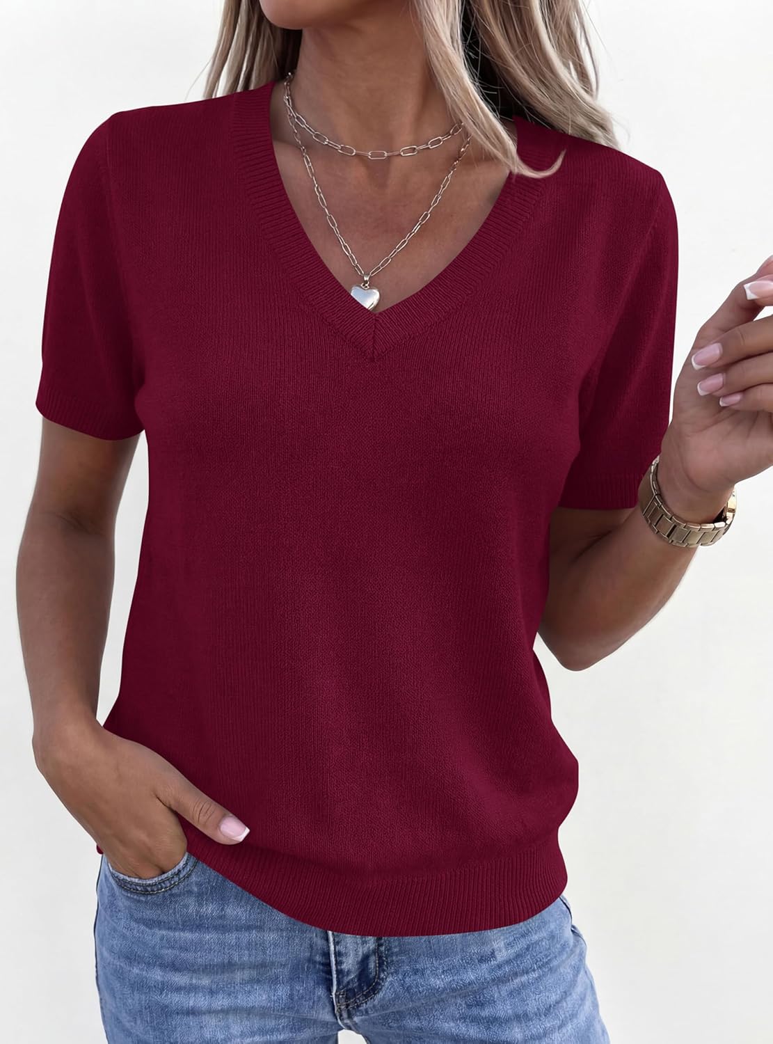 PRETTYGARDEN Womens Short Sleeve Sweater V Neck Trendy Pullover Tops 2026 Summer Spring Loose Lightweight Casual Blouse - Image 2