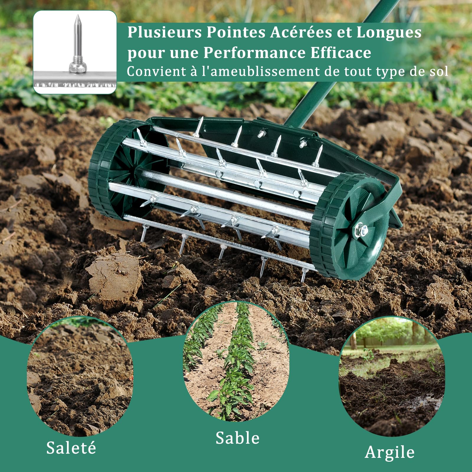 COSTWAY Aérateur à Gazon Roulant de 46 cm, Scarificateur Manuel à Pointes Rotatives avec Large Écran de Protection Longue Poignée pour Pelouse Gazon Jardin 46 x 15 x 127 cm, Vert