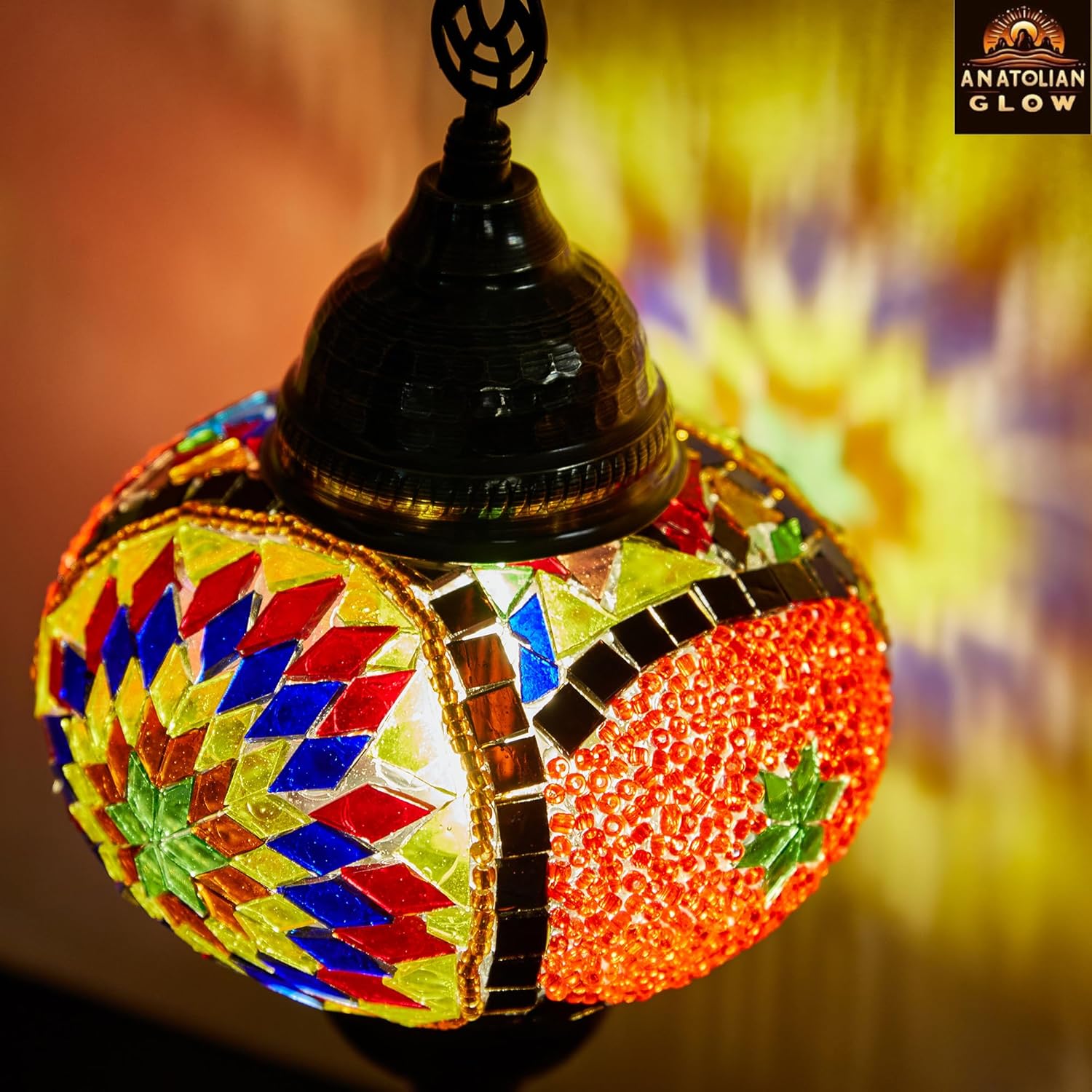 Turkish Moroccan Lamp with Bronze Base, Handmade Tiffany Mosaic Glass Lamps, Portable Bedside Table Lamps for Bedroom, Office, Living Room and Gift for Special Days / BIG SIZE SHADE (Multicolored B03)