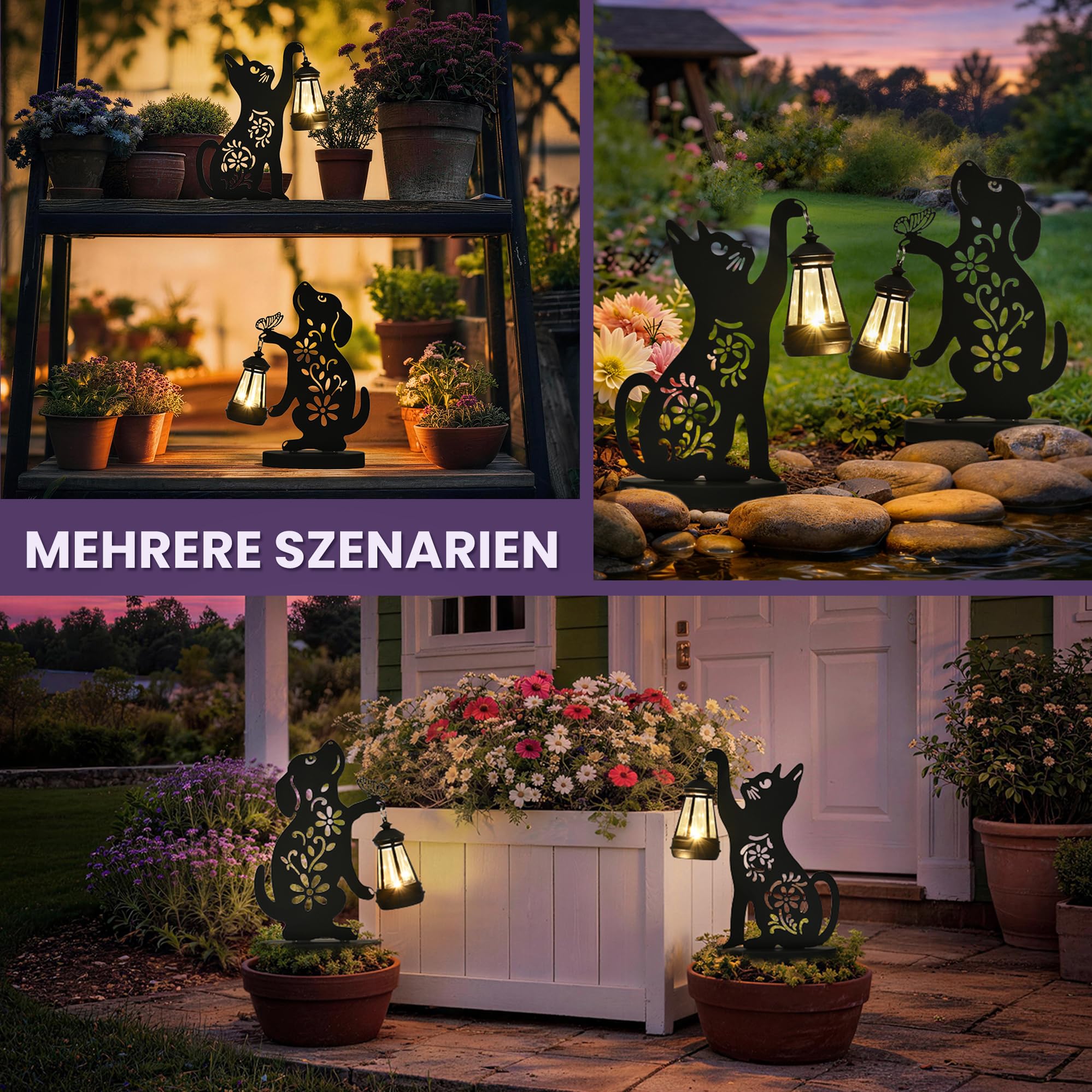GIGALUMI Eiserne Katzen Hunde Statue Gartendeko, Geschenk für Mama, Geschenk für Frauen, Solar Katzen Hunde Gartendeko für Draußen Wetterfest, Outdoor Gartenstatuen Deko für Terrasse, Hof(2 Stück)