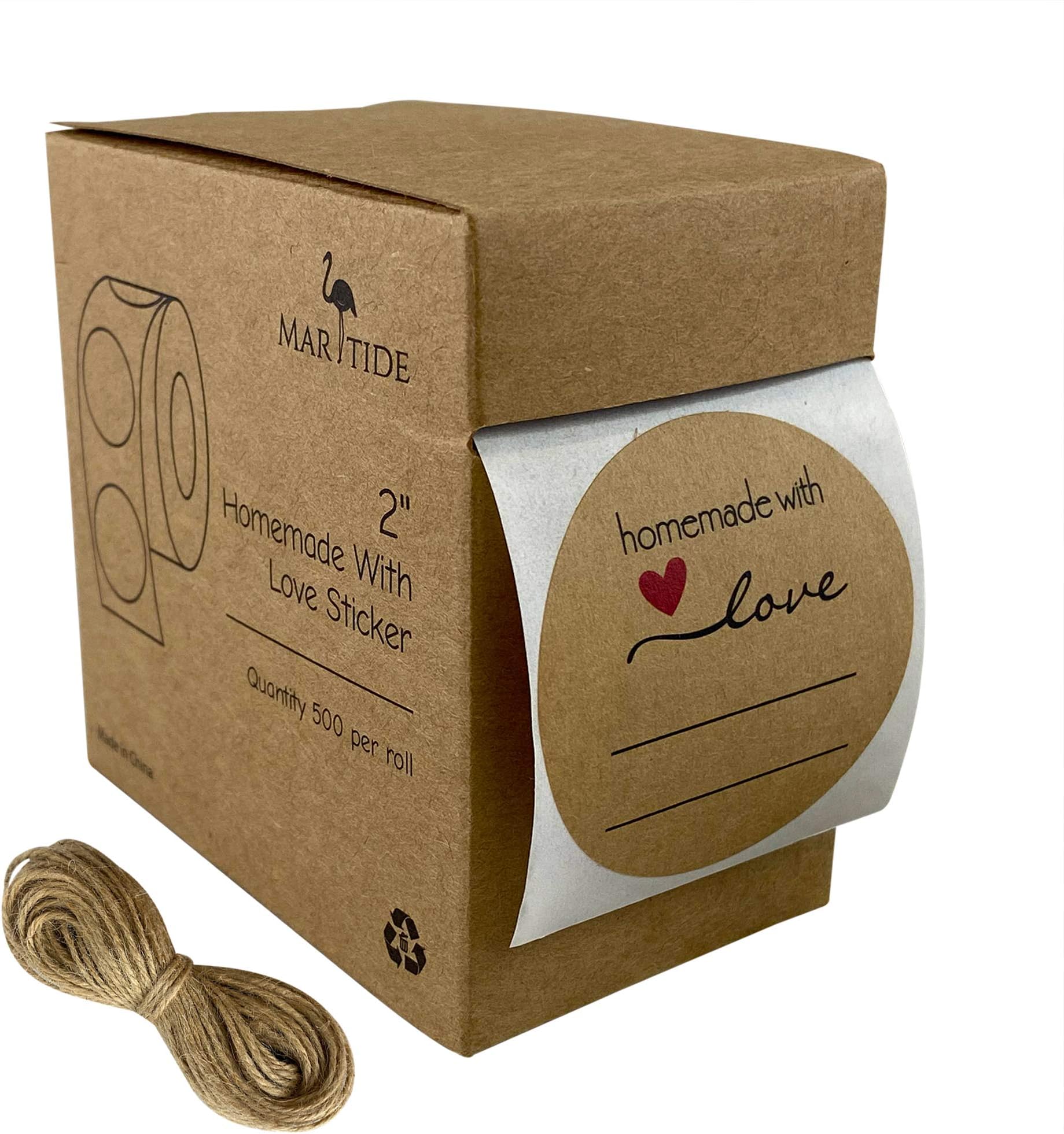 2” Homemade with Love Canning Labels with Lines for Writing, 500 Stickers per Roll in Dispenser Box, Plus Bonus 50’ of Twine String
