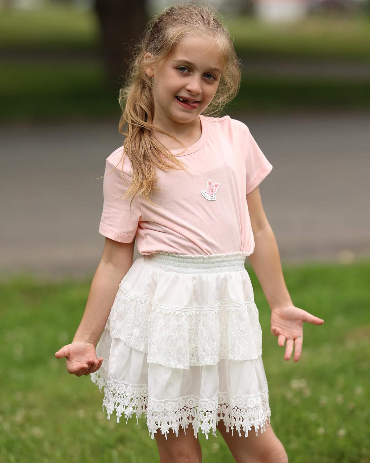 Rolanko Girls Boho Lace Skorts, Flowy Ruffle Tiered Crochet Mini Skirts with Built-in Shorts - Image 3