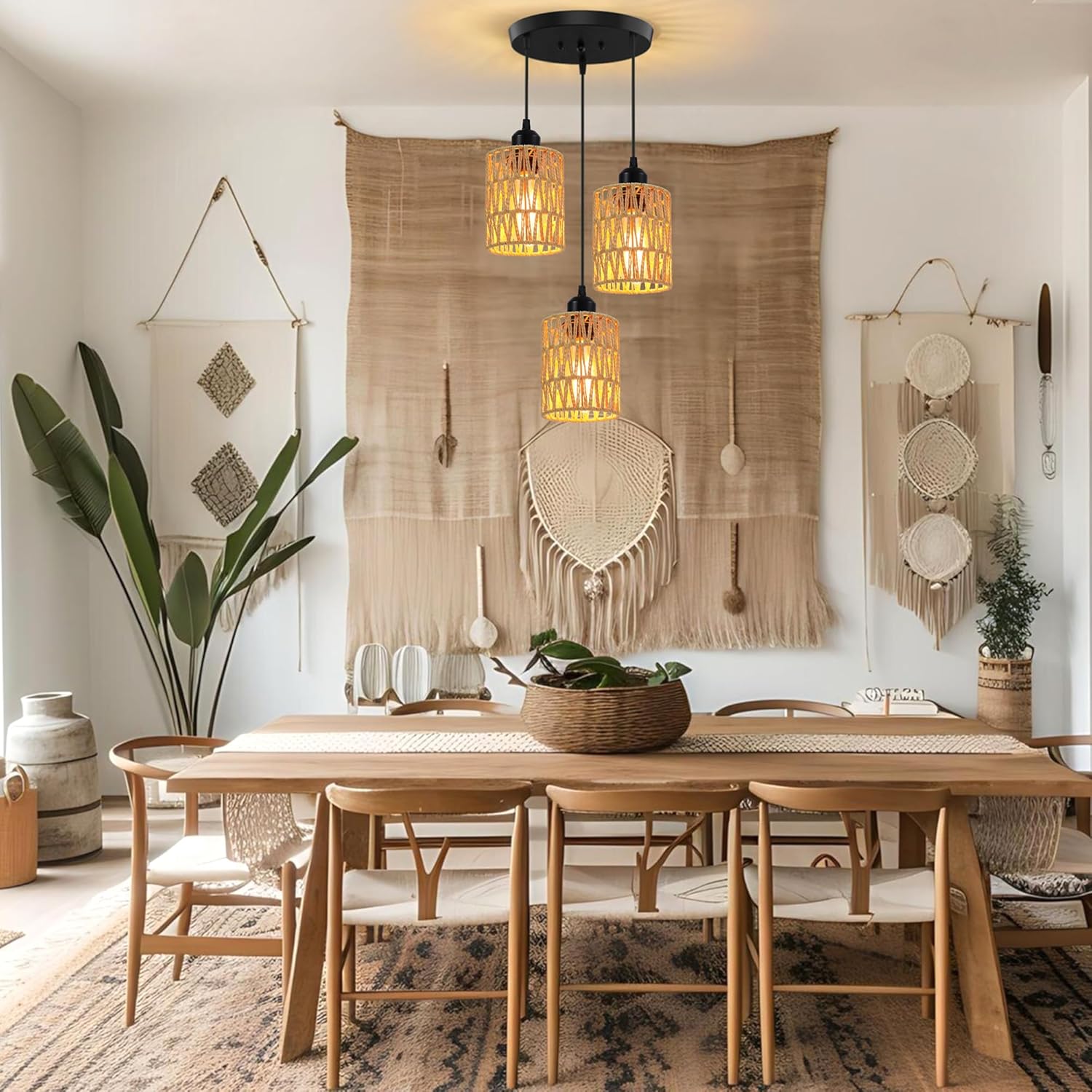 3 Light Pendant Lighting, Farmhouse Hanging Light Fixture for Kitchen Island & Dining Room, Industrial Vintage Ceiling Lamp with E26 Base, Adjustable Height, Rattan Pendant Light
