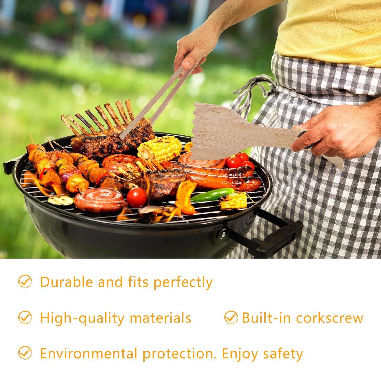 XIAOXIAOYU Rascador de Madera para Parrilla, raspador de Parrilla de Madera Natural para Barbacoa, Herramienta de Limpieza portátil antiarañazos con abridor de Botellas para ahumadores de Parrilla