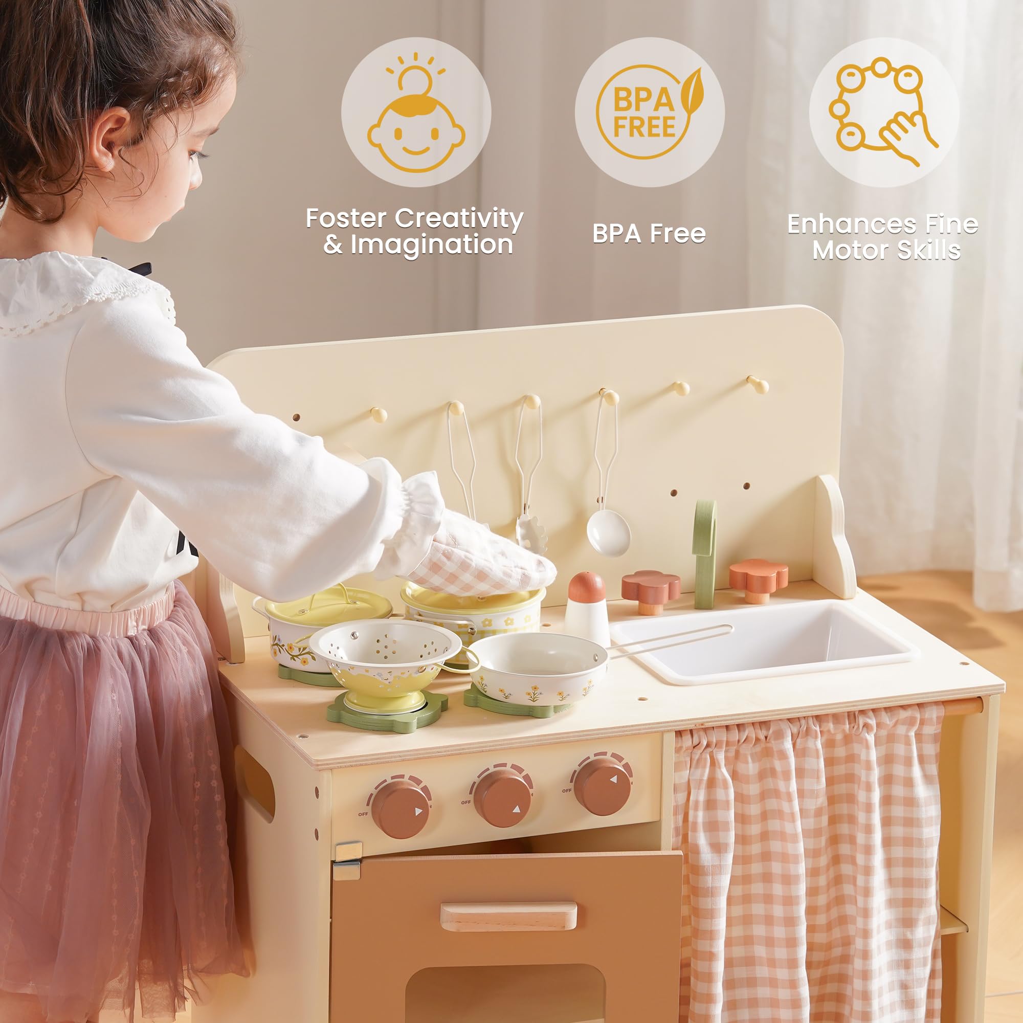 ROBOTIME Set di utensili da cucina in latta, set di pentole con fiori giallo crema, mini accessori da cucina da gioco, pentole e padelle giocattoli con una borsa a rete, stile francese, per bambini