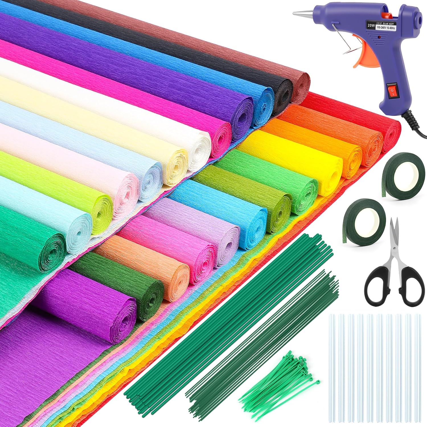 188 Pcs Crepe Paper Handmade Kit, 24 Colors 16.5×98 Inch Rolls, with Glue Gun, Scissors, Wire, Floral Tape, Floral Stems - Perfect for Crepe Paper Flowers, Wedding & Party Decor, DIY Craft Projects