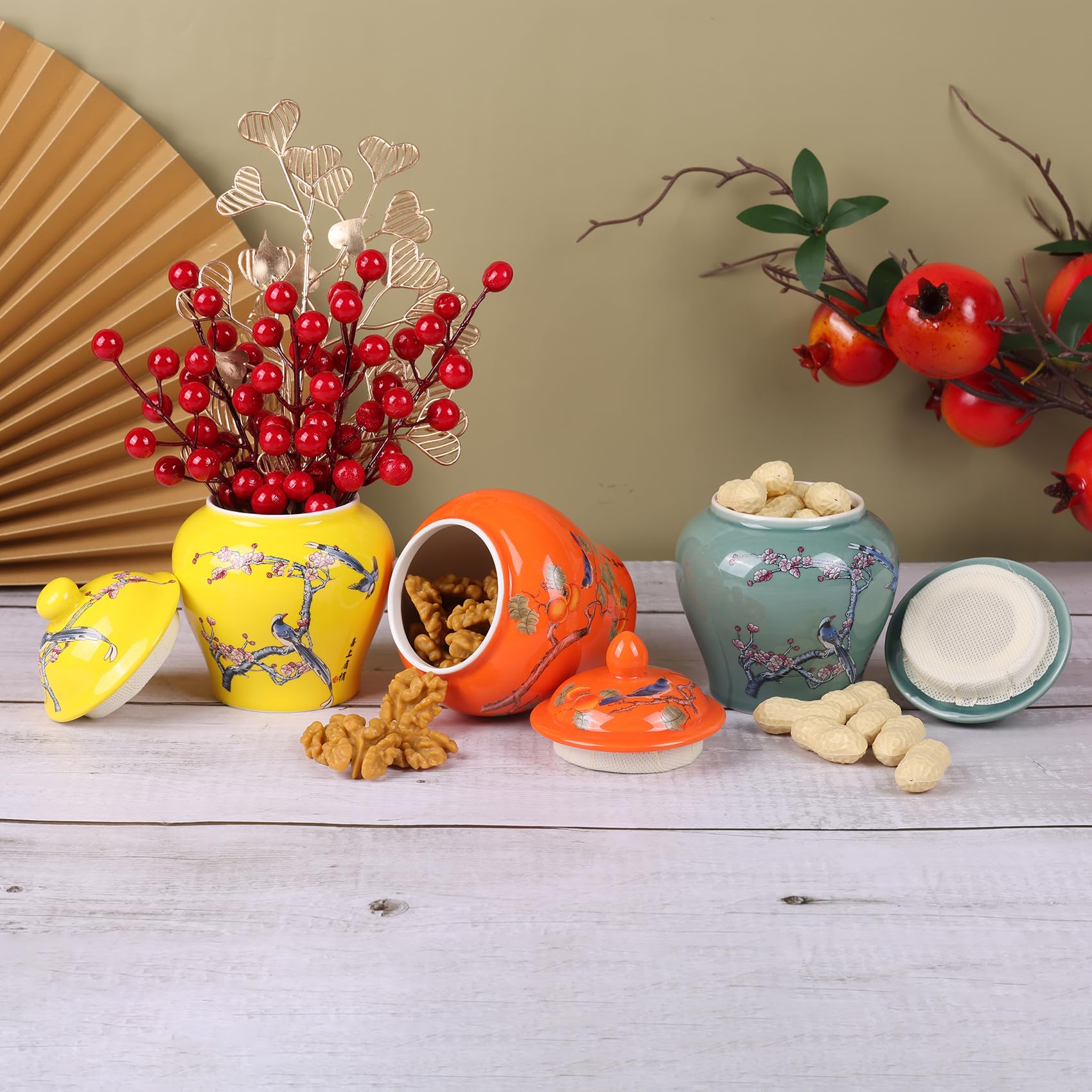 XINGYAN Lot de 3 pots à gingembre en porcelaine bleue et blanche