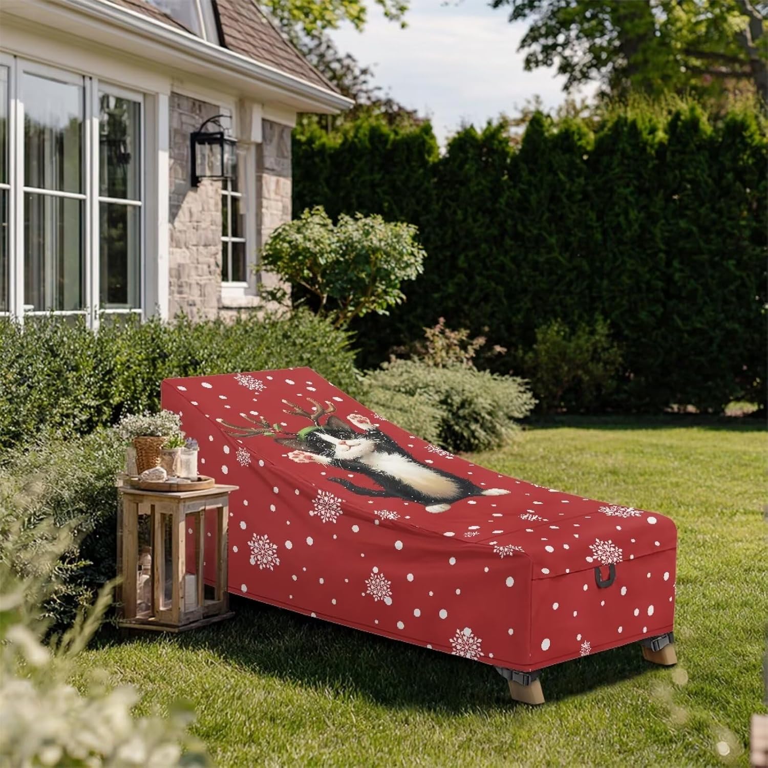 Christmas Snow Cat Patio Lounge Chair Covers Waterproof Universal Outdoor Chaise Lounge Covers Anti Slip Washable Outdoor Chaise Cover with Buckle Tape Christmas Decor 64"Lx30"Wx30"H
